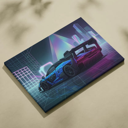 McLaren Senna GTR Inspired Blue Purple Canvas Wall Art, Vaporwave Track Car Artwork, Neon Grid Garage Decor, Retro Futuristic Motorsport Print