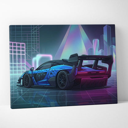 McLaren Senna GTR Inspired Blue Purple Canvas Wall Art, Vaporwave Track Car Artwork, Neon Grid Garage Decor, Retro Futuristic Motorsport Print