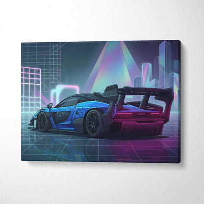 McLaren Senna GTR Inspired Blue Purple Canvas Wall Art, Vaporwave Track Car Artwork, Neon Grid Garage Decor, Retro Futuristic Motorsport Print