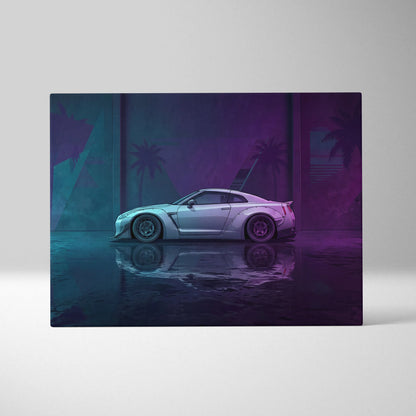 Nissan GT-R R35 Inspired Silver Purple Canvas Wall Art, Neon Vaporwave JDM Supercar Artwork for Modern Garage Decor