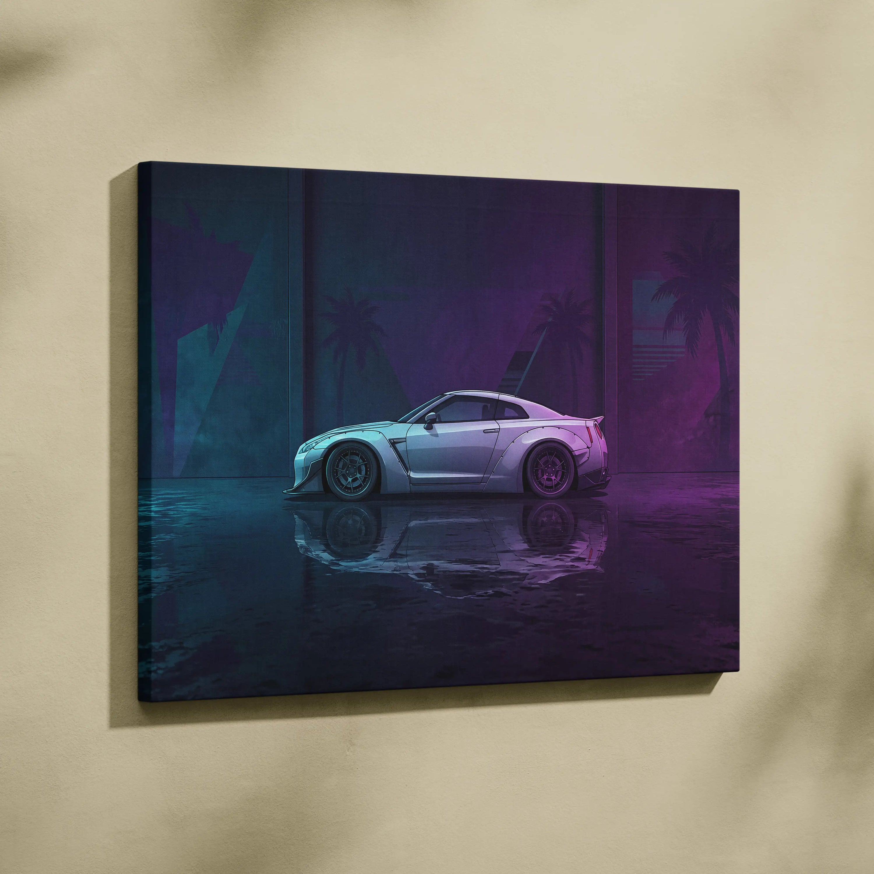 Nissan GT-R R35 Inspired Silver Purple Canvas Wall Art, Neon Vaporwave JDM Supercar Artwork for Modern Garage Decor