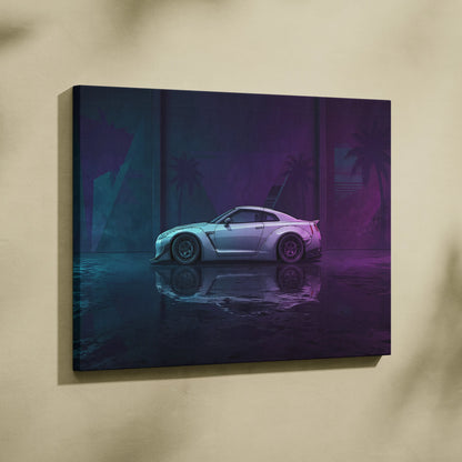 Nissan GT-R R35 Inspired Silver Purple Canvas Wall Art, Neon Vaporwave JDM Supercar Artwork for Modern Garage Decor