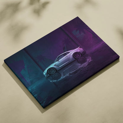 Nissan GT-R R35 Inspired Silver Purple Canvas Wall Art, Neon Vaporwave JDM Supercar Artwork for Modern Garage Decor