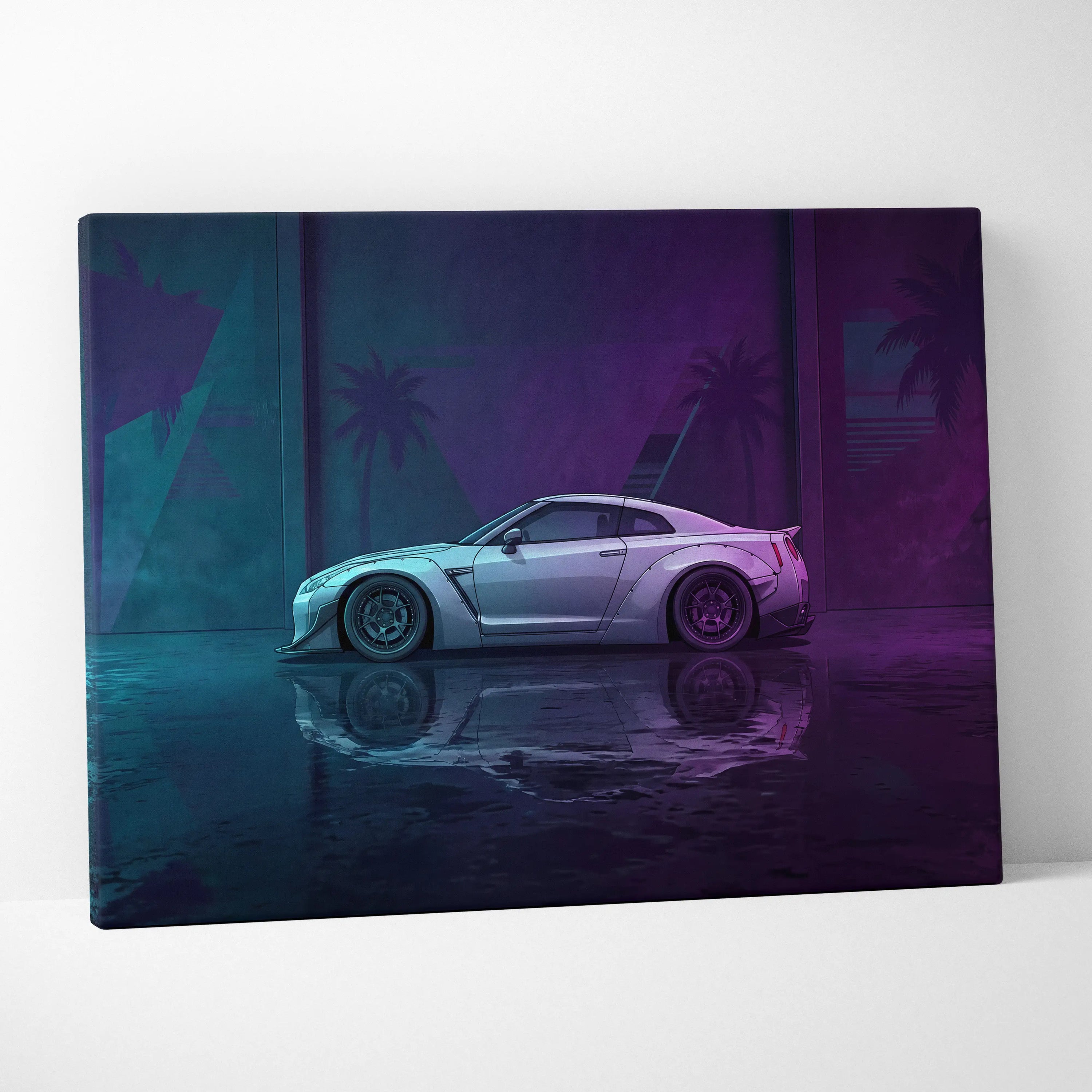 Nissan GT-R R35 Inspired Silver Purple Canvas Wall Art, Neon Vaporwave JDM Supercar Artwork for Modern Garage Decor