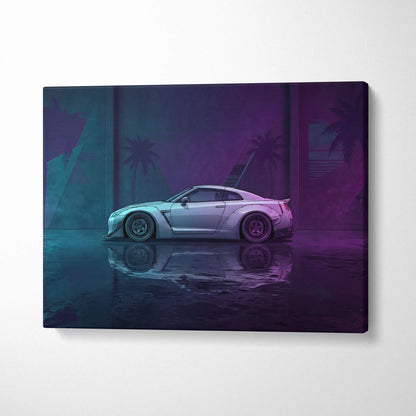 Nissan GT-R R35 Inspired Silver Purple Canvas Wall Art, Neon Vaporwave JDM Supercar Artwork for Modern Garage Decor