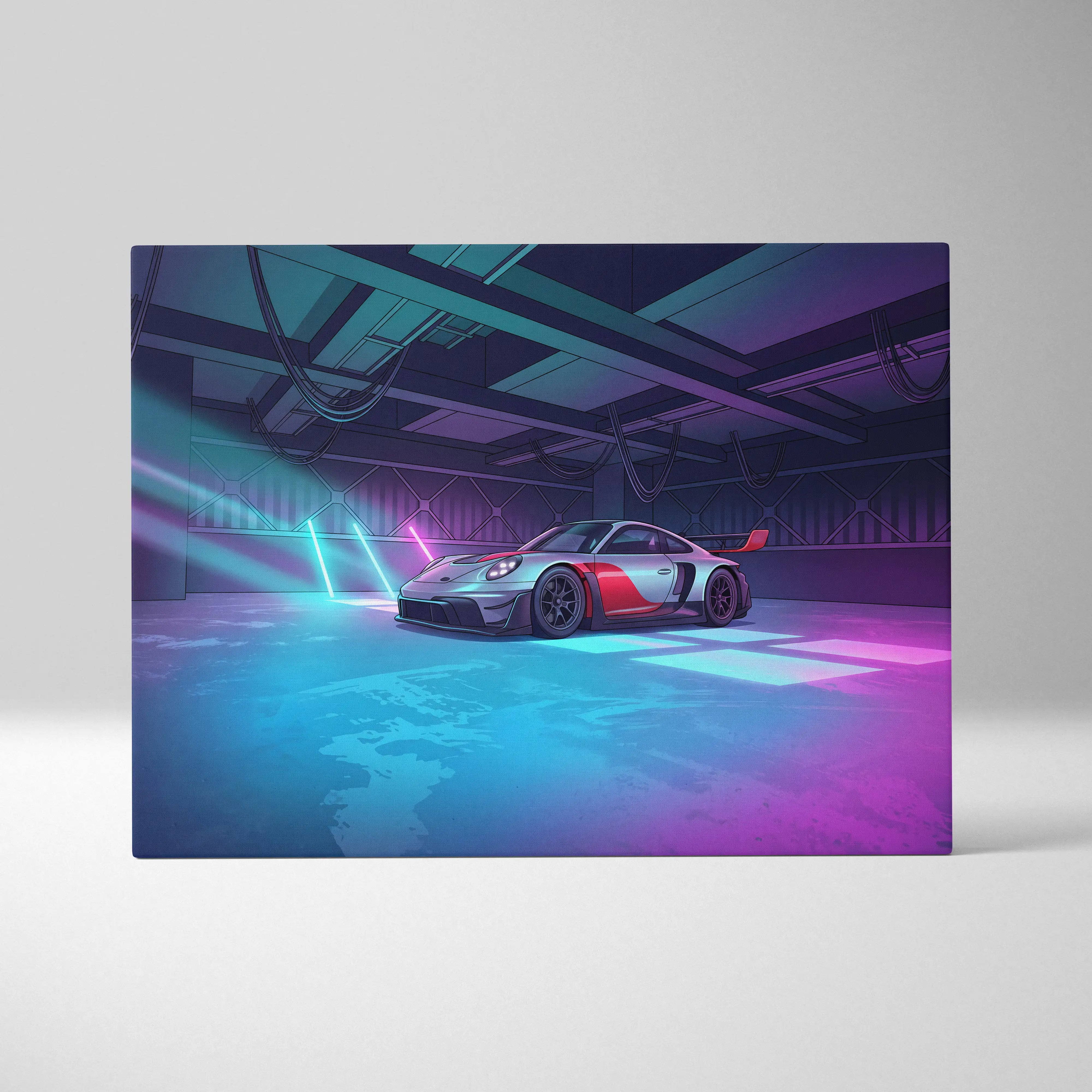 Porsche 911 GT3 RS Inspired Silver Pink Canvas Wall Art Vaporwave Neon Garage Sports Car Artwork, Cyberpunk Motorsport Decor