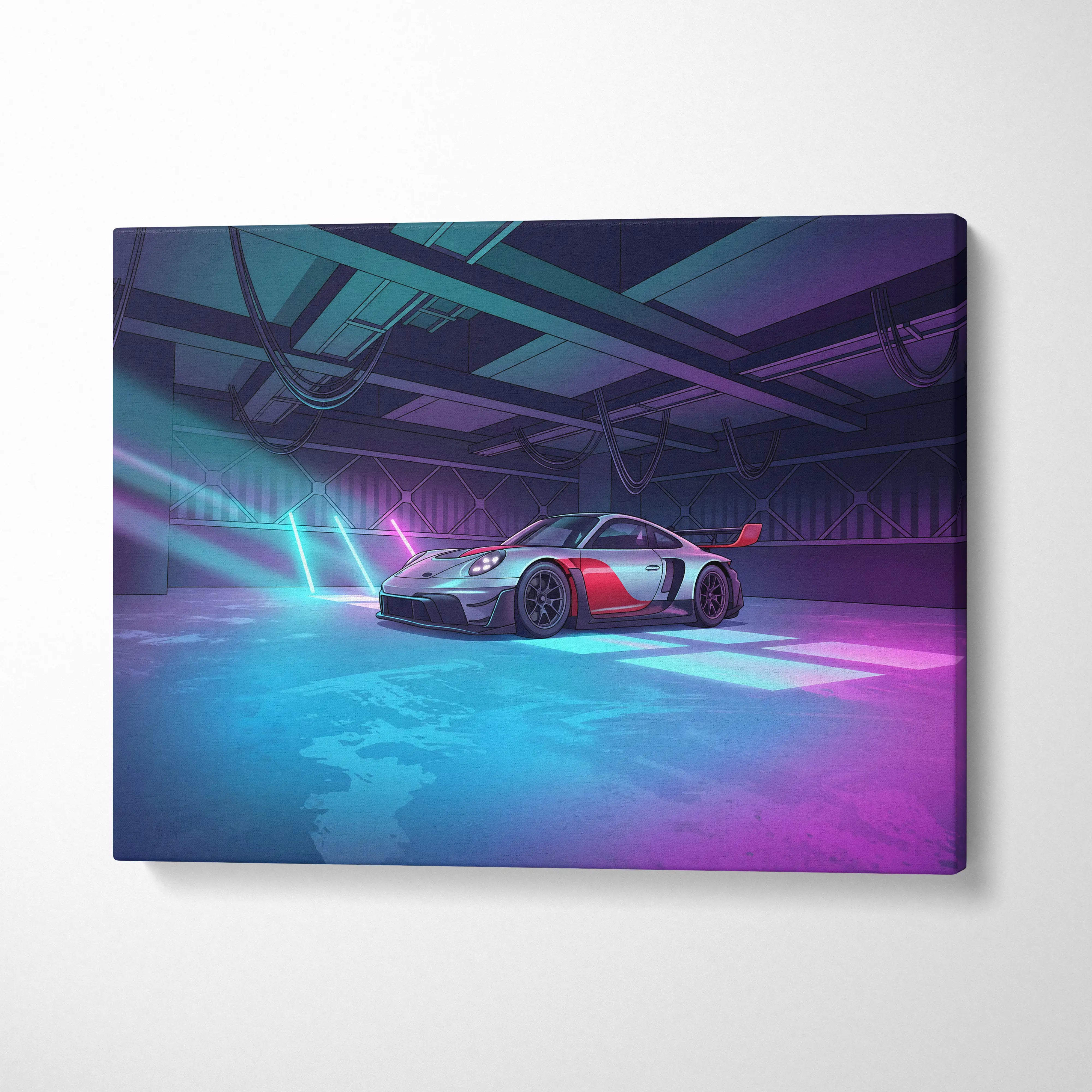 Porsche 911 GT3 RS Inspired Silver Pink Canvas Wall Art Vaporwave Neon Garage Sports Car Artwork, Cyberpunk Motorsport Decor