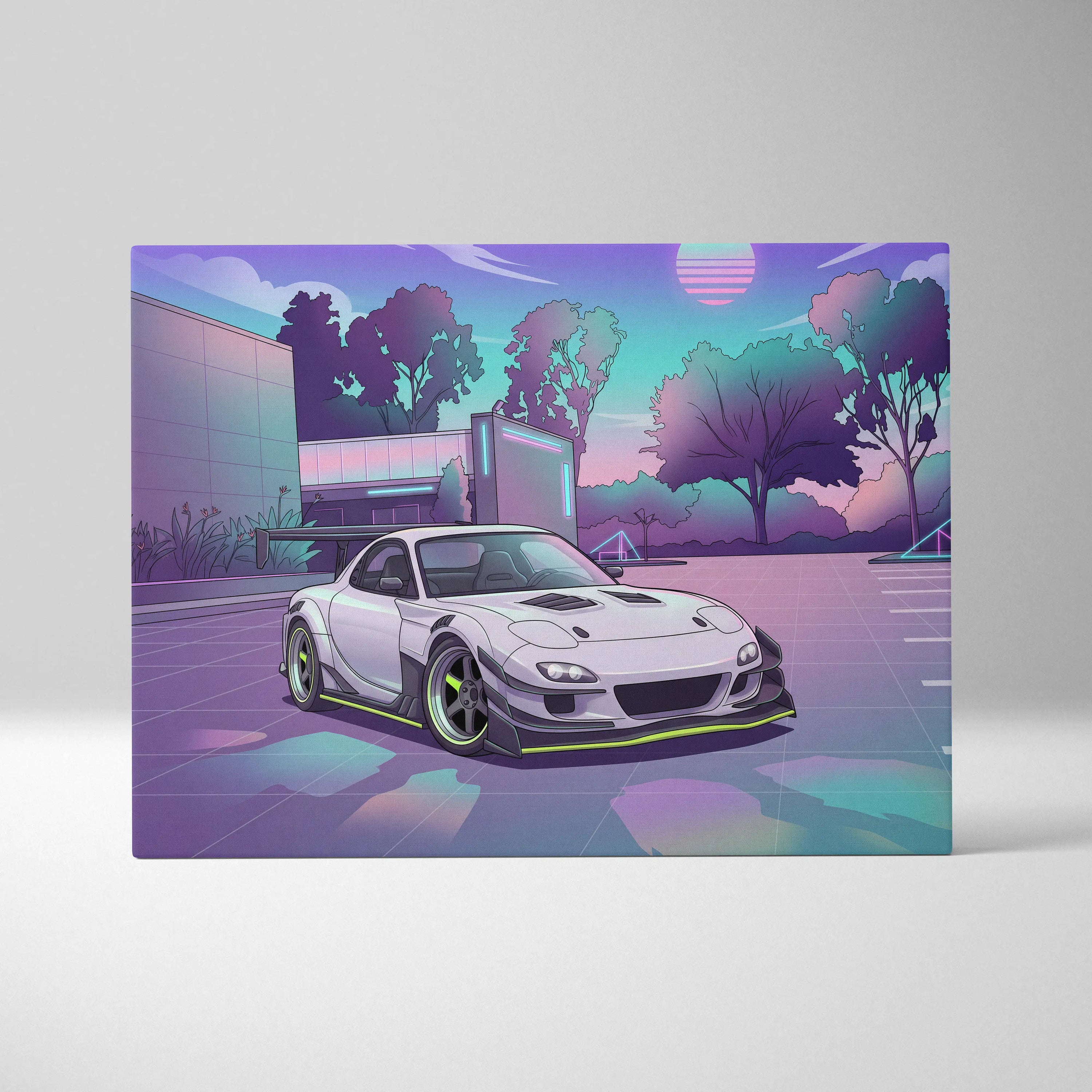 Mazda RX-7 Inspired White Purple Canvas Wall Art, Vaporwave JDM Sports Car Artwork, Neon Mountain Garage Decor, Retro Futuristic Auto Print