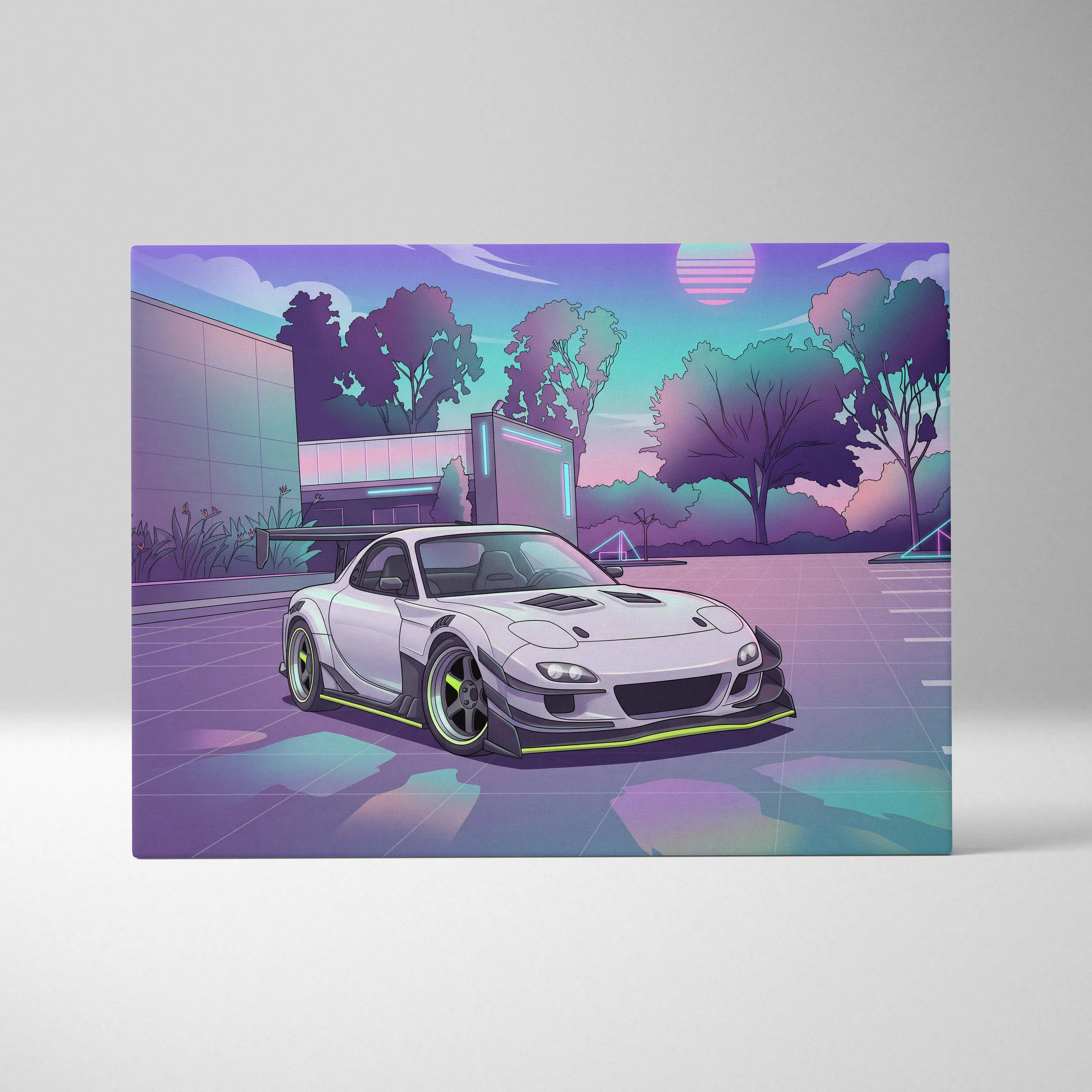 White mazda rx-7 sports car with neon green accents in vaporwave jdm canvas wall art for retro garage decor