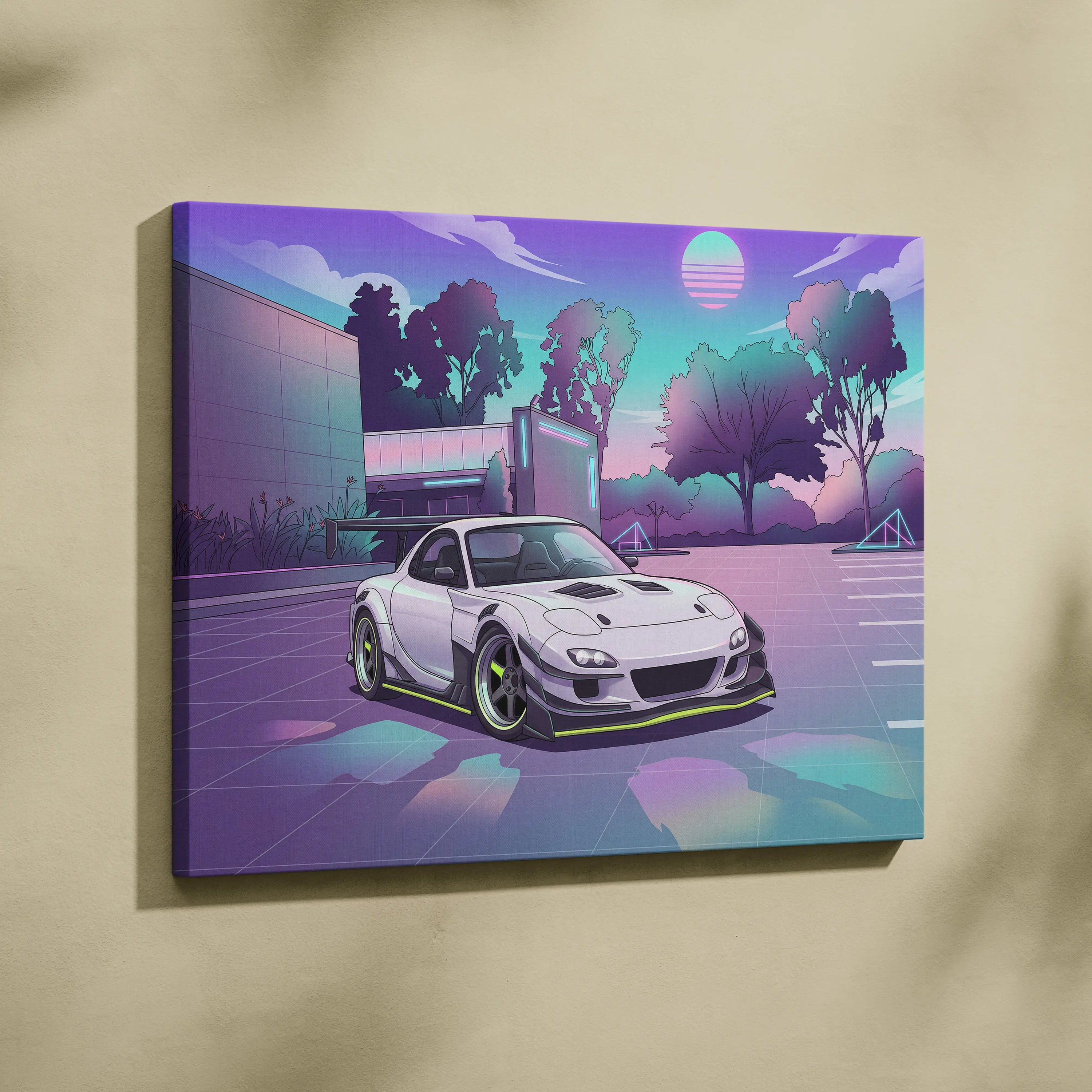 Mazda RX-7 Inspired White Purple Canvas Wall Art, Vaporwave JDM Sports Car Artwork, Neon Mountain Garage Decor, Retro Futuristic Auto Print