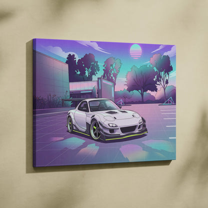 Mazda RX-7 Inspired White Purple Canvas Wall Art, Vaporwave JDM Sports Car Artwork, Neon Mountain Garage Decor, Retro Futuristic Auto Print