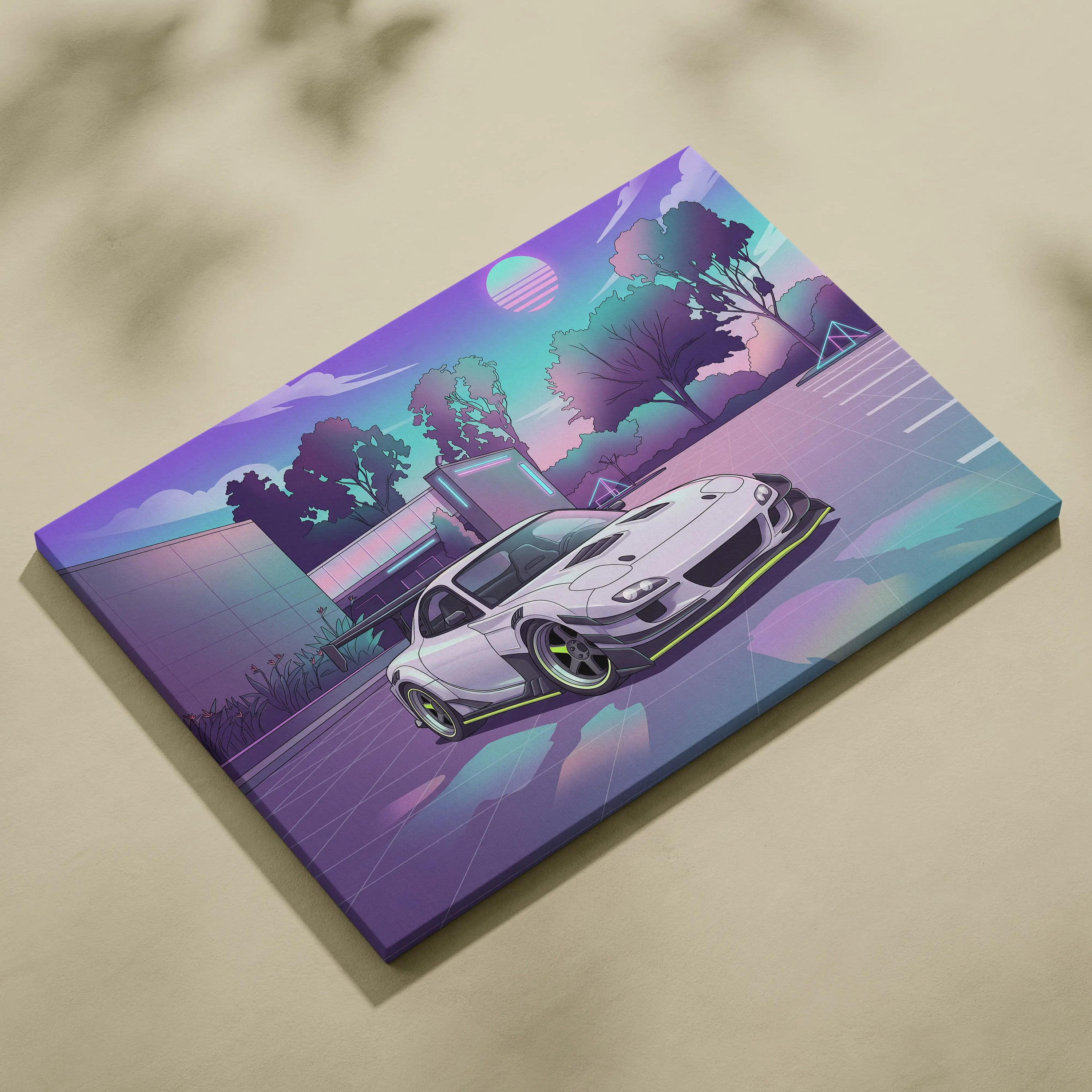 Mazda RX-7 Inspired White Purple Canvas Wall Art, Vaporwave JDM Sports Car Artwork, Neon Mountain Garage Decor, Retro Futuristic Auto Print