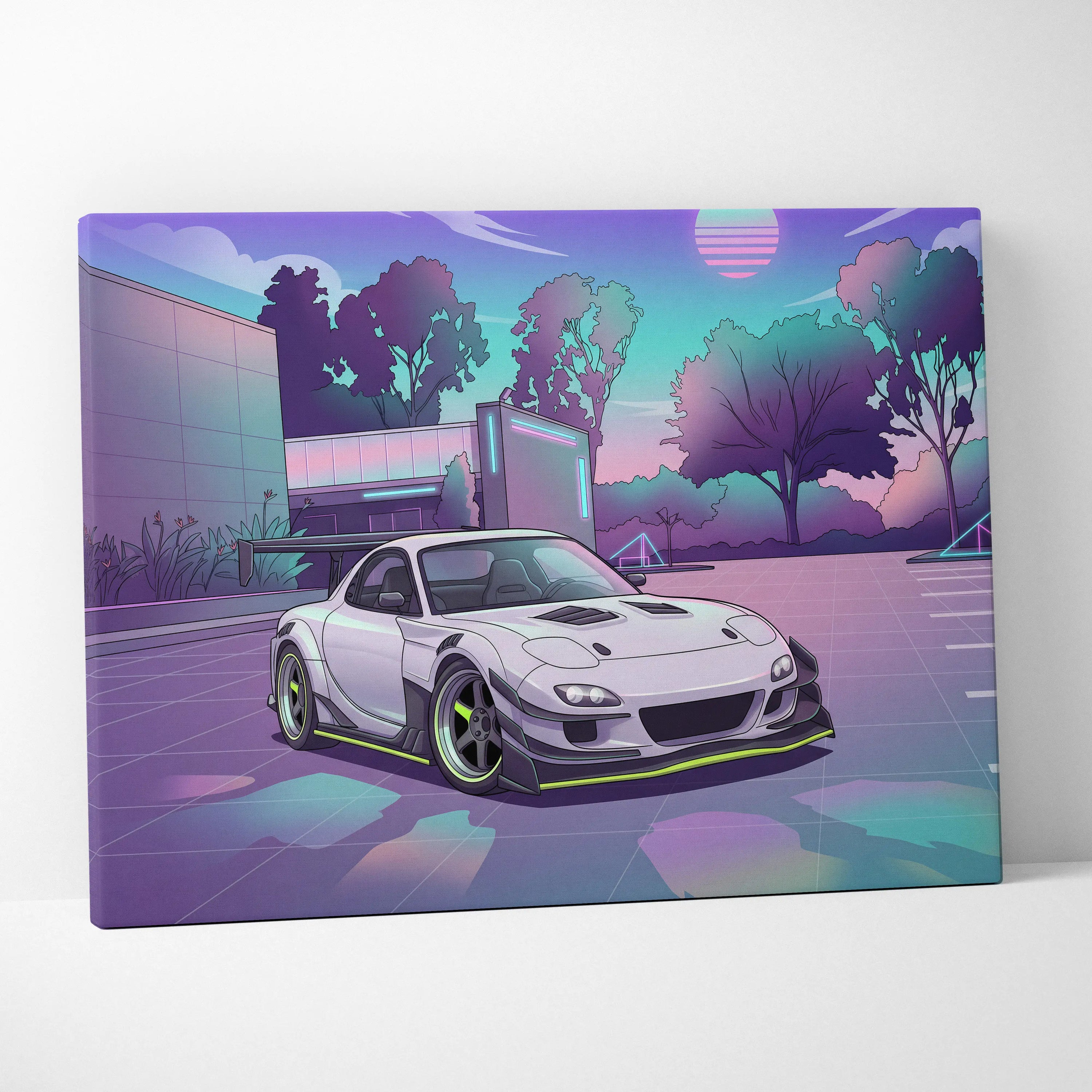 Mazda RX-7 Inspired White Purple Canvas Wall Art, Vaporwave JDM Sports Car Artwork, Neon Mountain Garage Decor, Retro Futuristic Auto Print