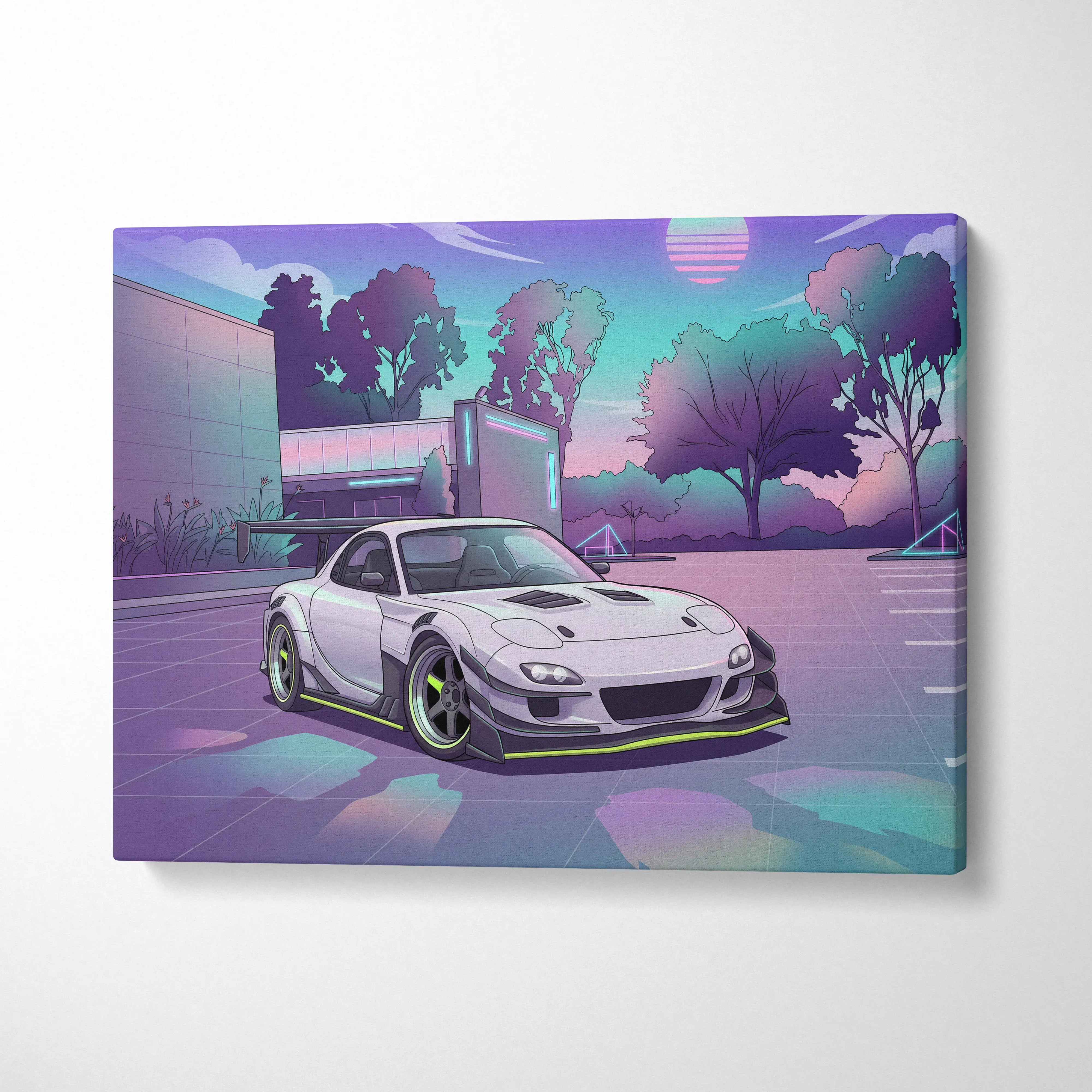 Nissan skyline r34 sports car canvas print with neon purple and teal retro futuristic background for wall decor