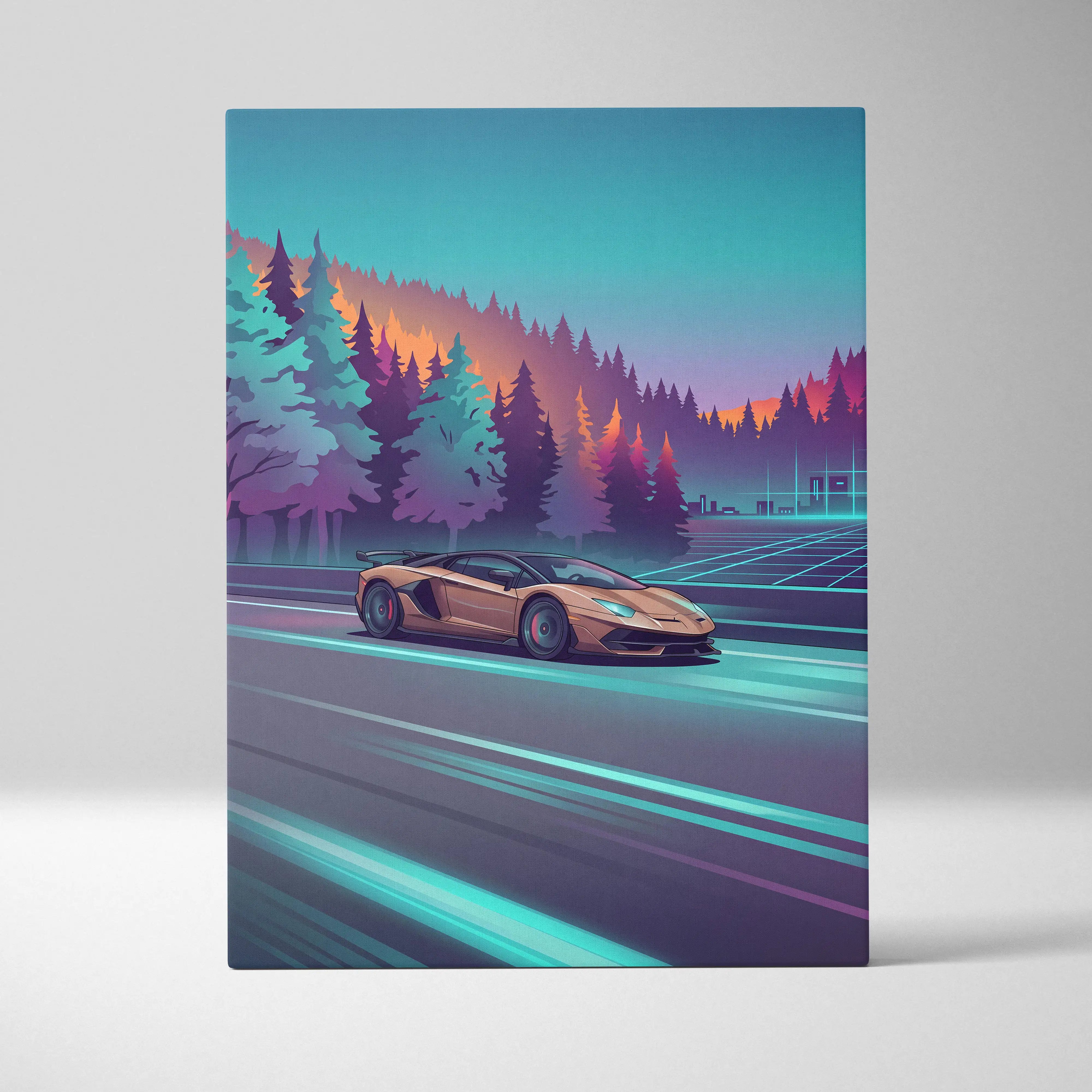 A sleek golden lamborghini aventador svj inspired vaporwave canvas showing the car speeding on a neon teal highway at dusk