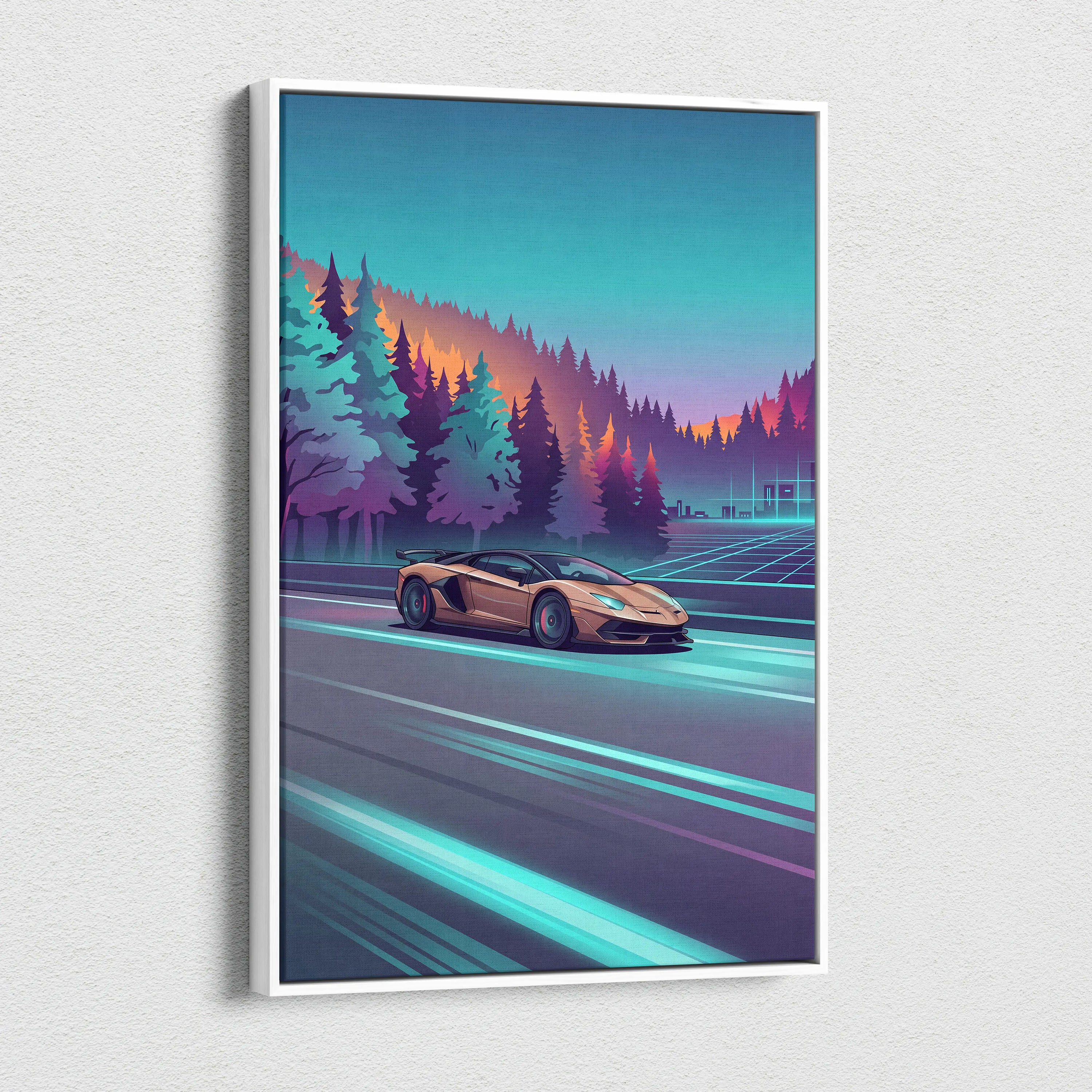 Lamborghini Aventador SVJ Inspired Vaporwave Canvas - Car Artwork Neon Teal Living Room Vaporwave Dreamy Nostalgia Vaporwave Wall Art Canvas