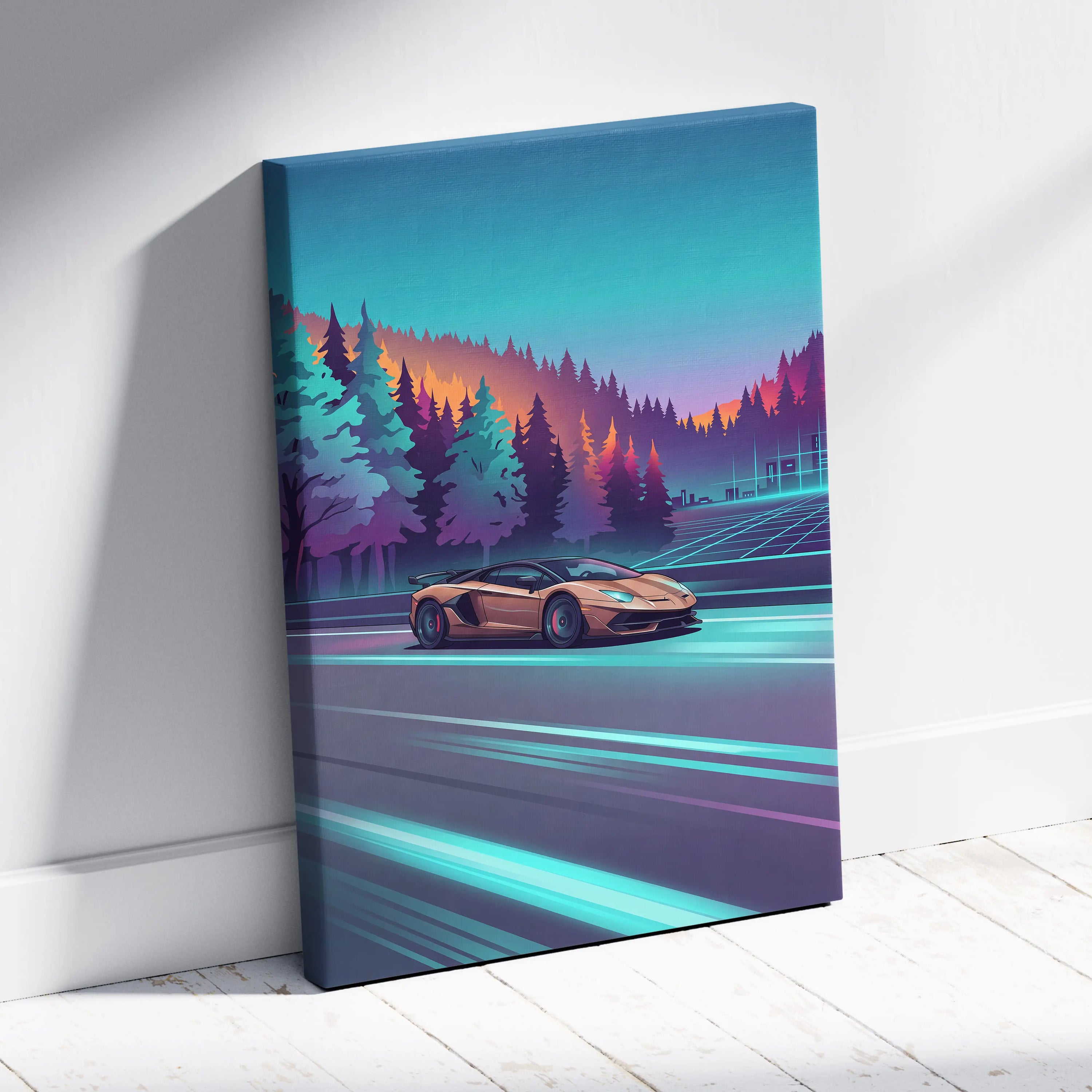 Lamborghini Aventador SVJ Inspired Vaporwave Canvas - Car Artwork Neon Teal Living Room Vaporwave Dreamy Nostalgia Vaporwave Wall Art Canvas