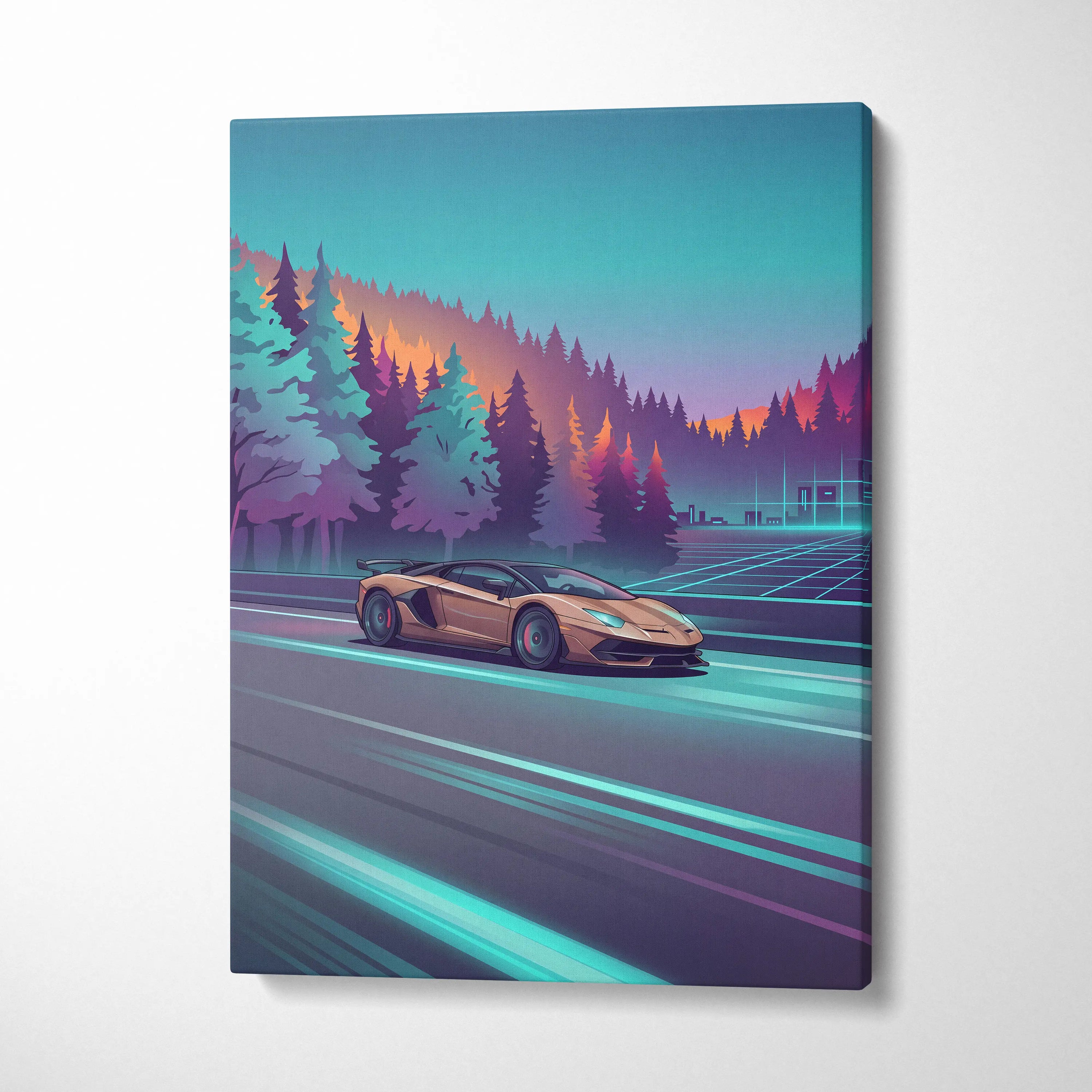 Lamborghini Aventador SVJ Inspired Vaporwave Canvas - Car Artwork Neon Teal Living Room Vaporwave Dreamy Nostalgia Vaporwave Wall Art Canvas
