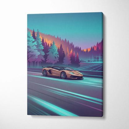 Lamborghini Aventador SVJ Inspired Vaporwave Canvas - Car Artwork Neon Teal Living Room Vaporwave Dreamy Nostalgia Vaporwave Wall Art Canvas
