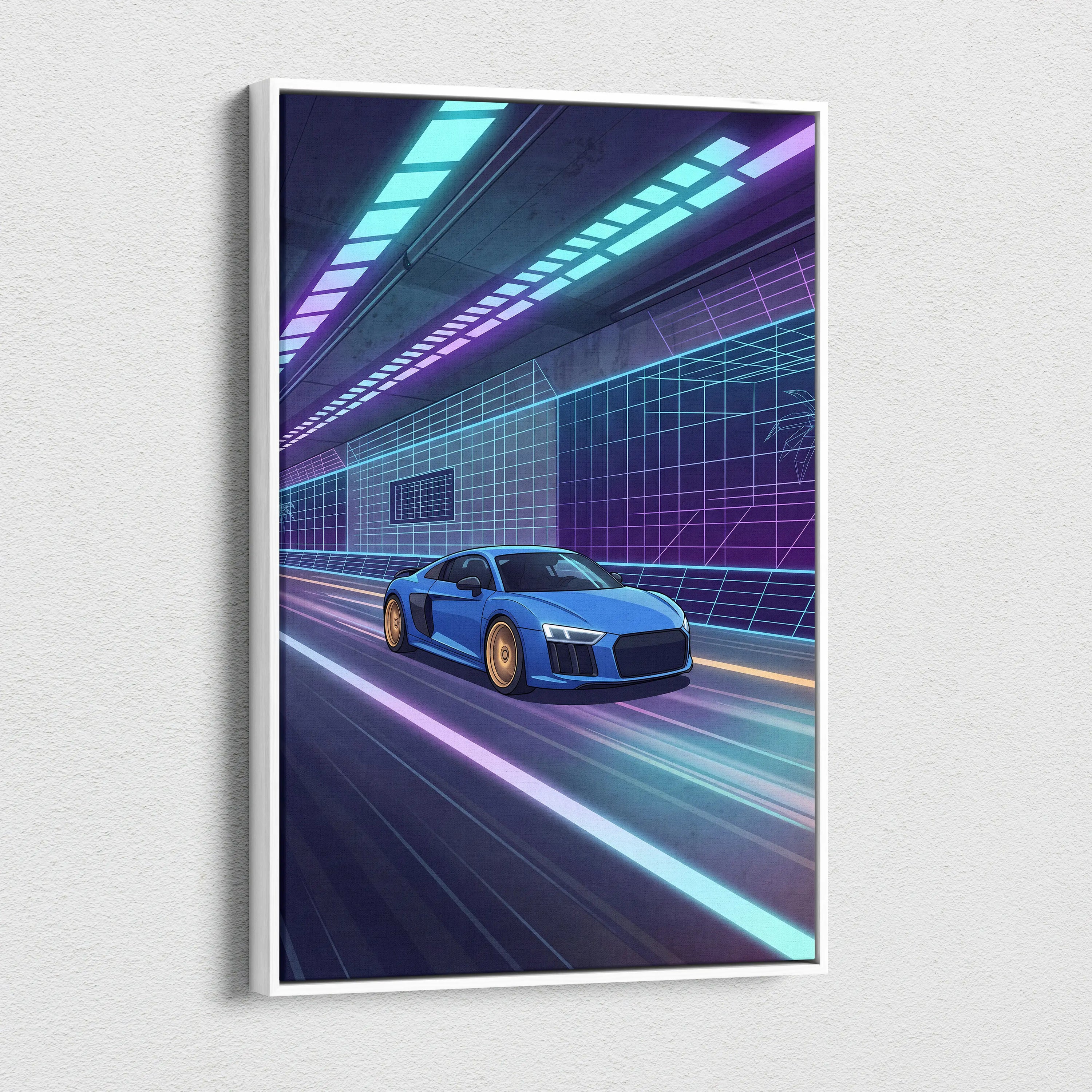 Audi R8 Inspired Vaporwave Car Canvas Print - Vaporwave Car Art Neon Blue Purple Living Room Retro Nostalgic Energy Neo Eighties Canvas Wall Art Giclee Canvas Print
