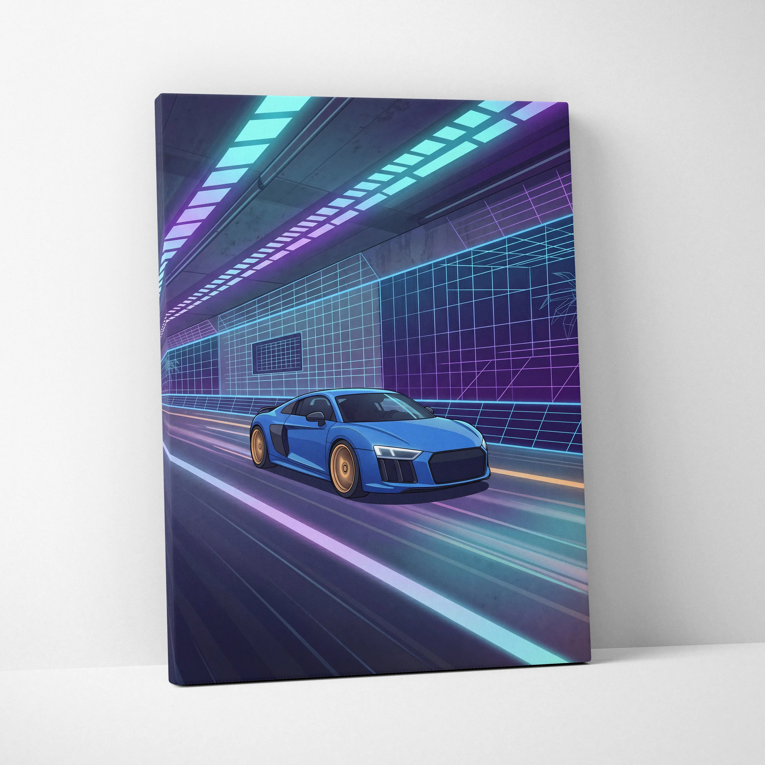 Audi R8 Inspired Vaporwave Car Canvas Print - Vaporwave Car Art Neon Blue Purple Living Room Retro Nostalgic Energy Neo Eighties Canvas Wall Art Giclee Canvas Print