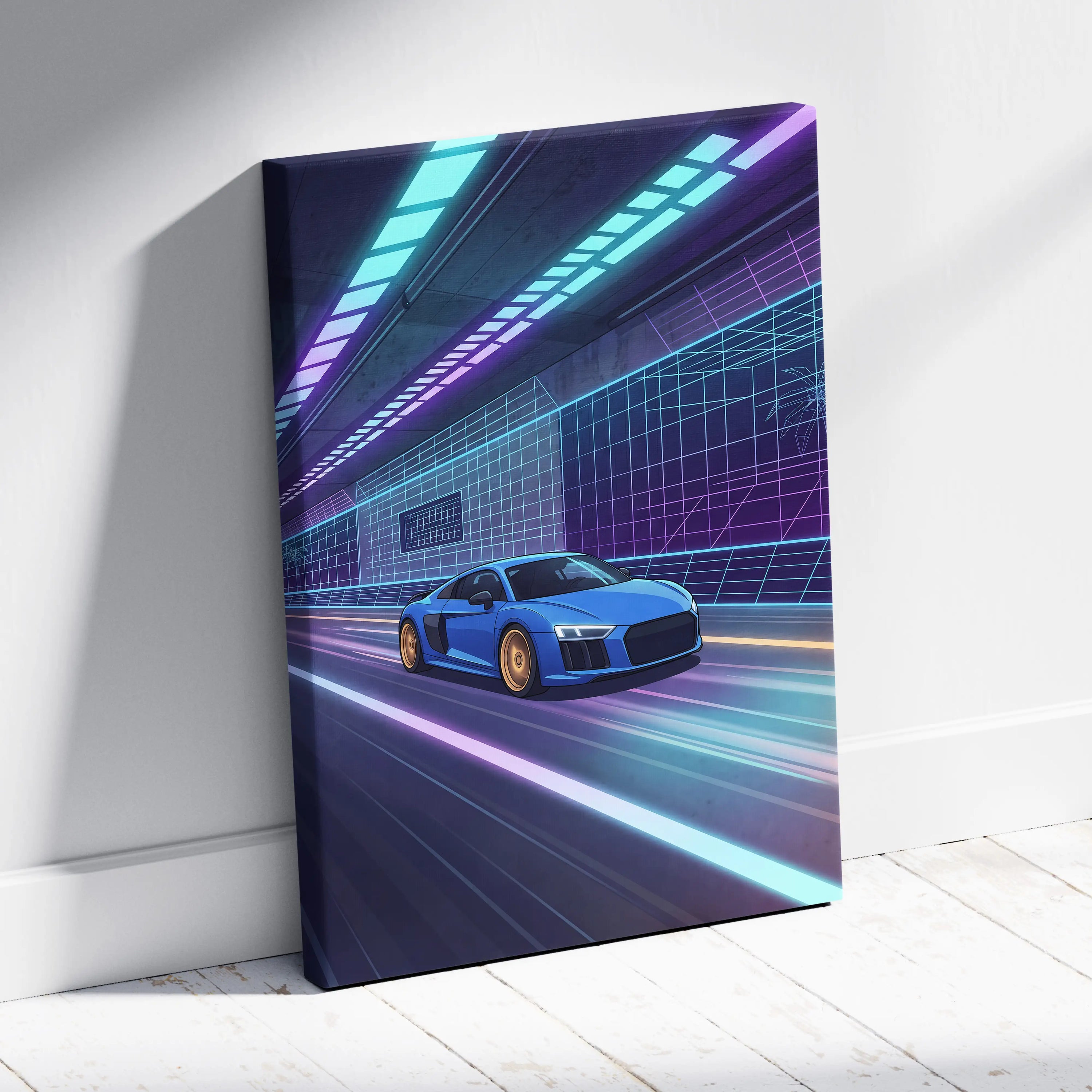 Audi R8 Inspired Vaporwave Car Canvas Print - Vaporwave Car Art Neon Blue Purple Living Room Retro Nostalgic Energy Neo Eighties Canvas Wall Art Giclee Canvas Print