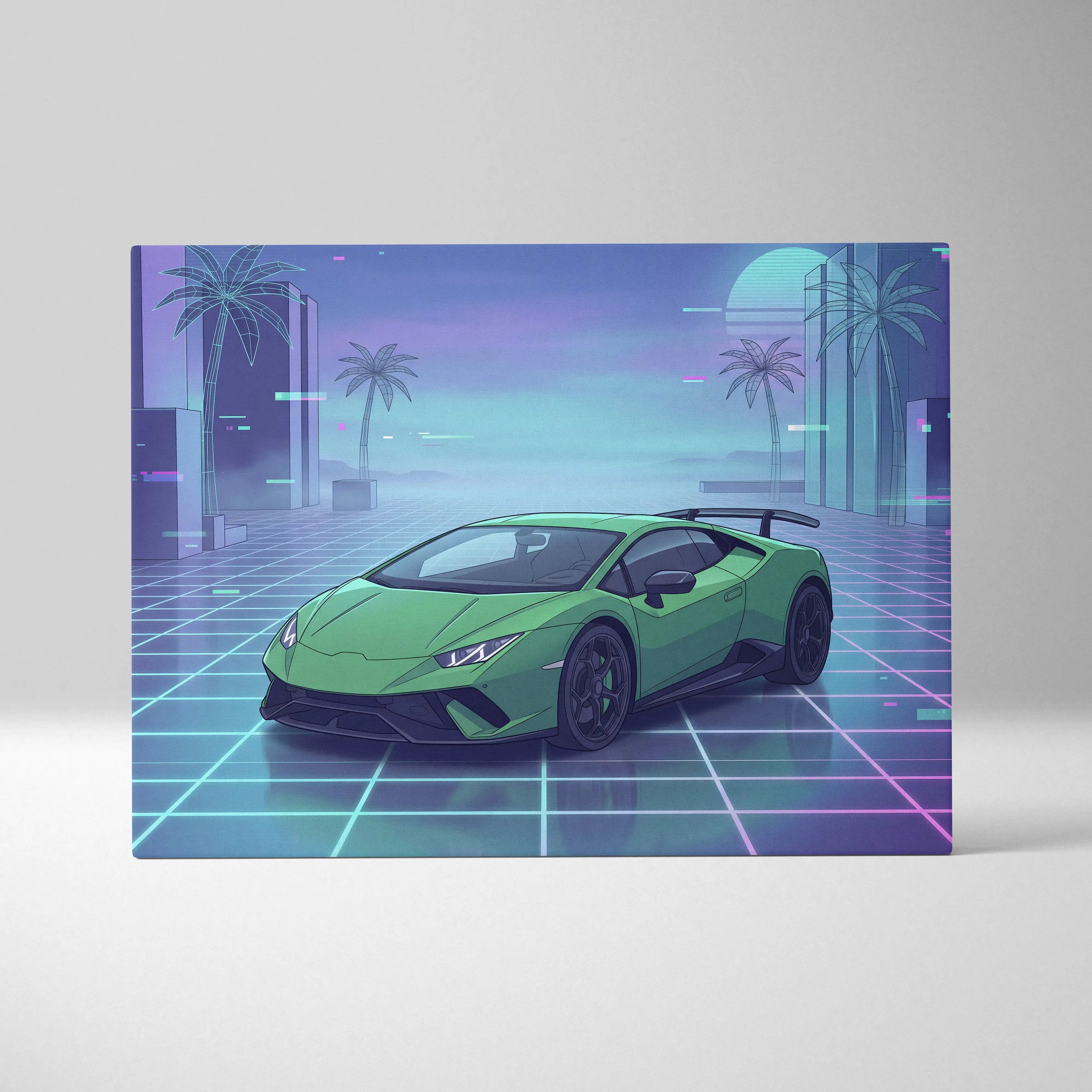 Lamborghini Huracan Inspired Green Purple Canvas Wall Art, Vaporwave Supercar Artwork, Neon Grid Garage Decor, Retro Futuristic Auto Print