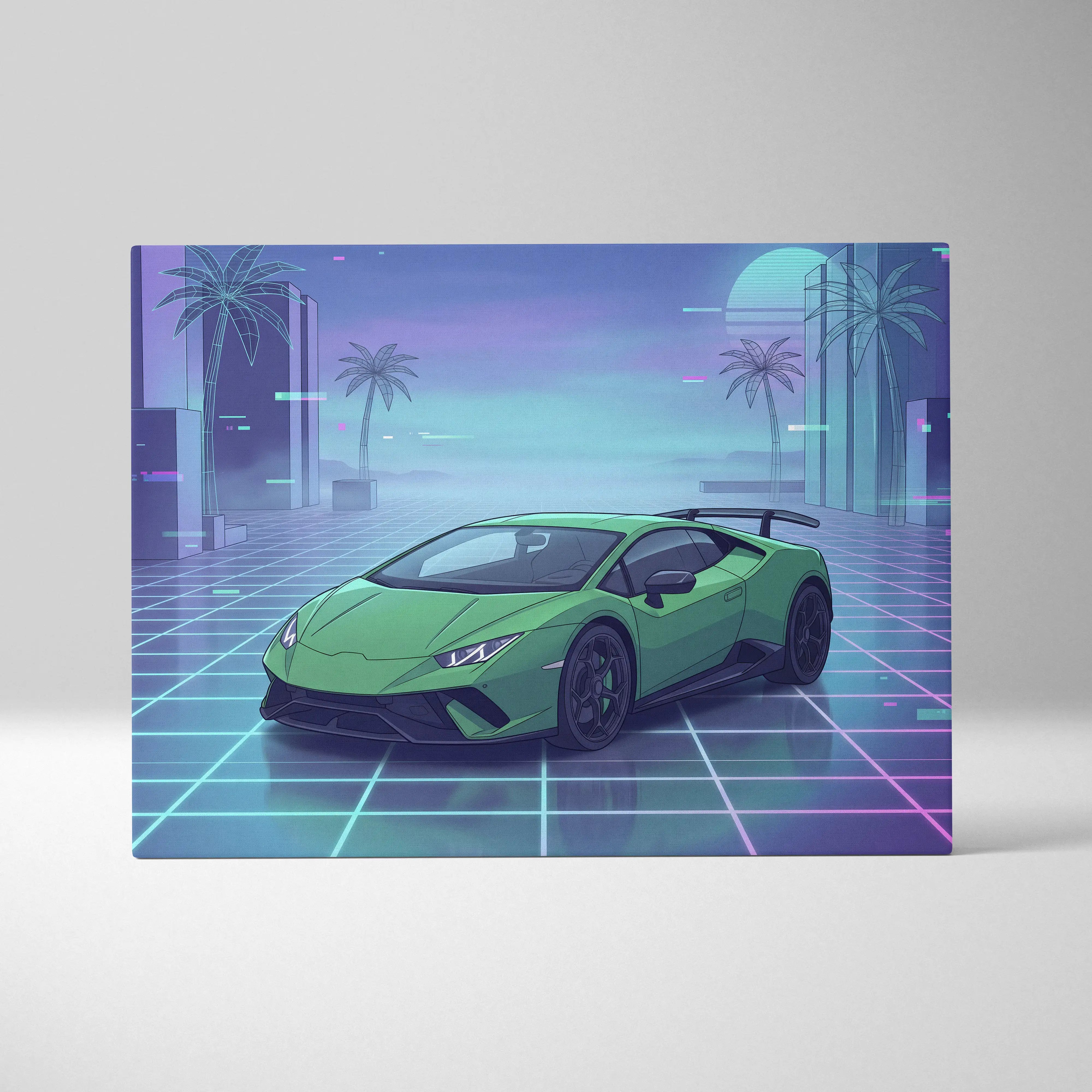 Lamborghini Huracan Inspired Green Purple Canvas Wall Art, Vaporwave Supercar Artwork, Neon Grid Garage Decor, Retro Futuristic Auto Print