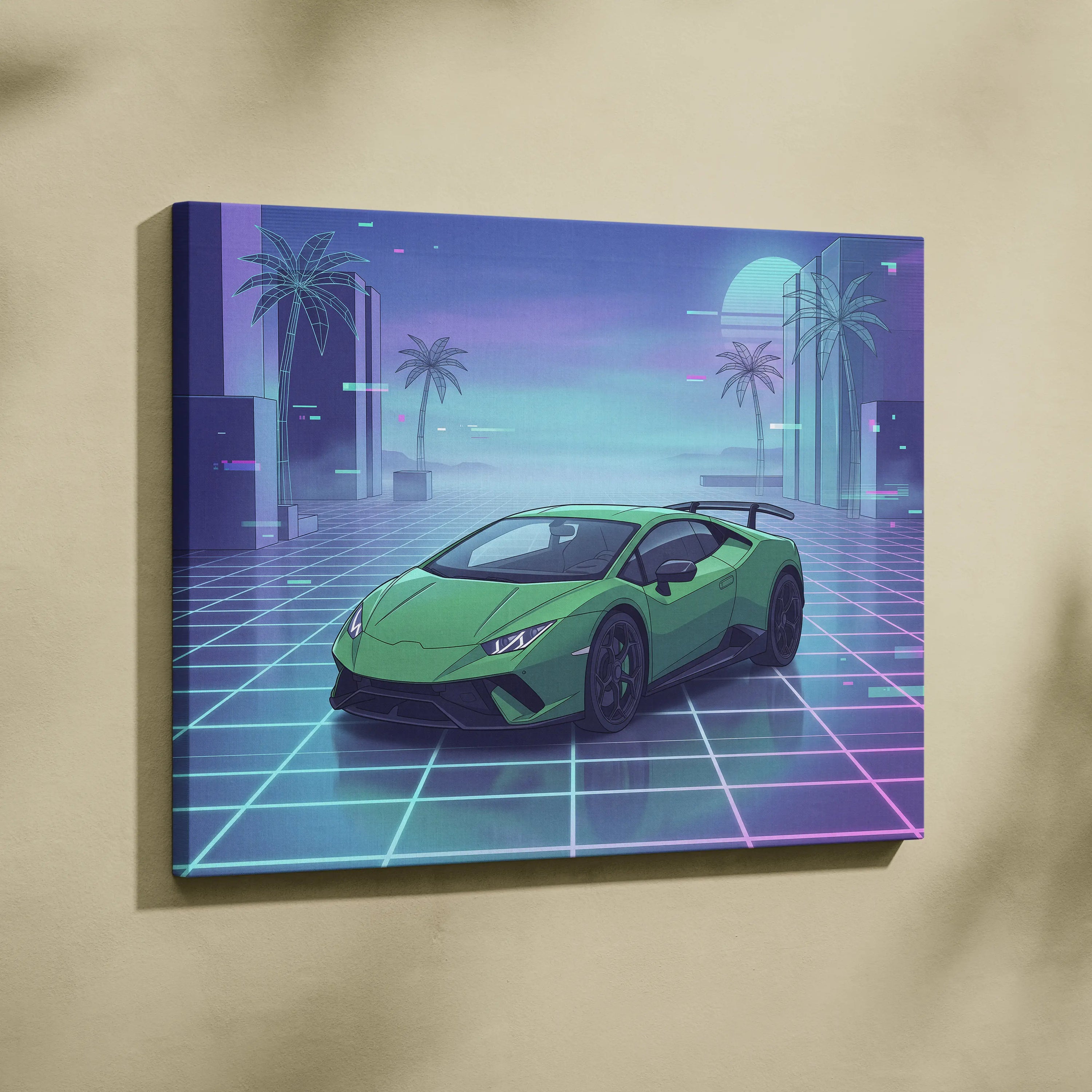 Lamborghini Huracan Inspired Green Purple Canvas Wall Art, Vaporwave Supercar Artwork, Neon Grid Garage Decor, Retro Futuristic Auto Print