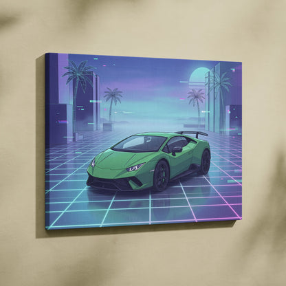 Lamborghini Huracan Inspired Green Purple Canvas Wall Art, Vaporwave Supercar Artwork, Neon Grid Garage Decor, Retro Futuristic Auto Print