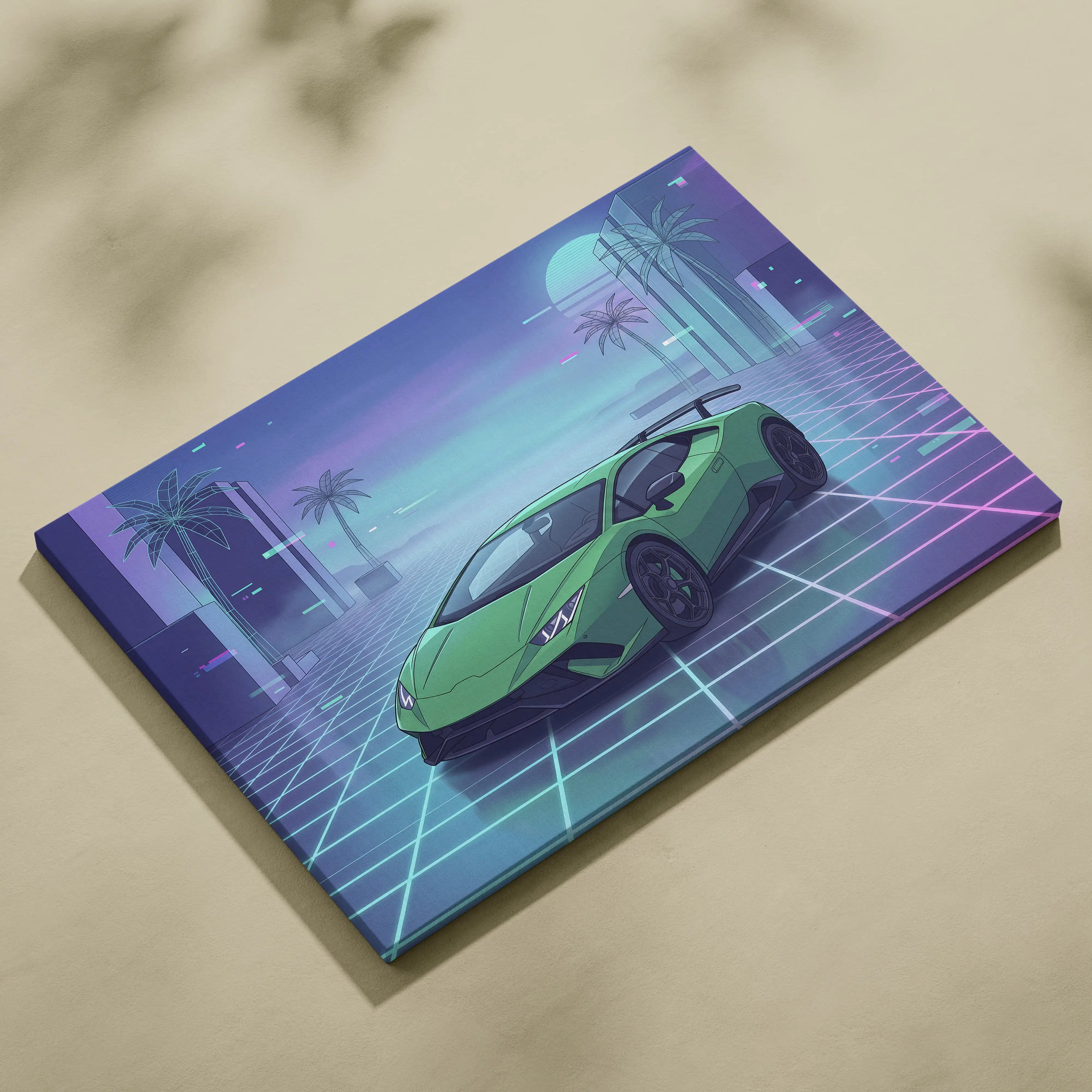 Lamborghini Huracan Inspired Green Purple Canvas Wall Art, Vaporwave Supercar Artwork, Neon Grid Garage Decor, Retro Futuristic Auto Print