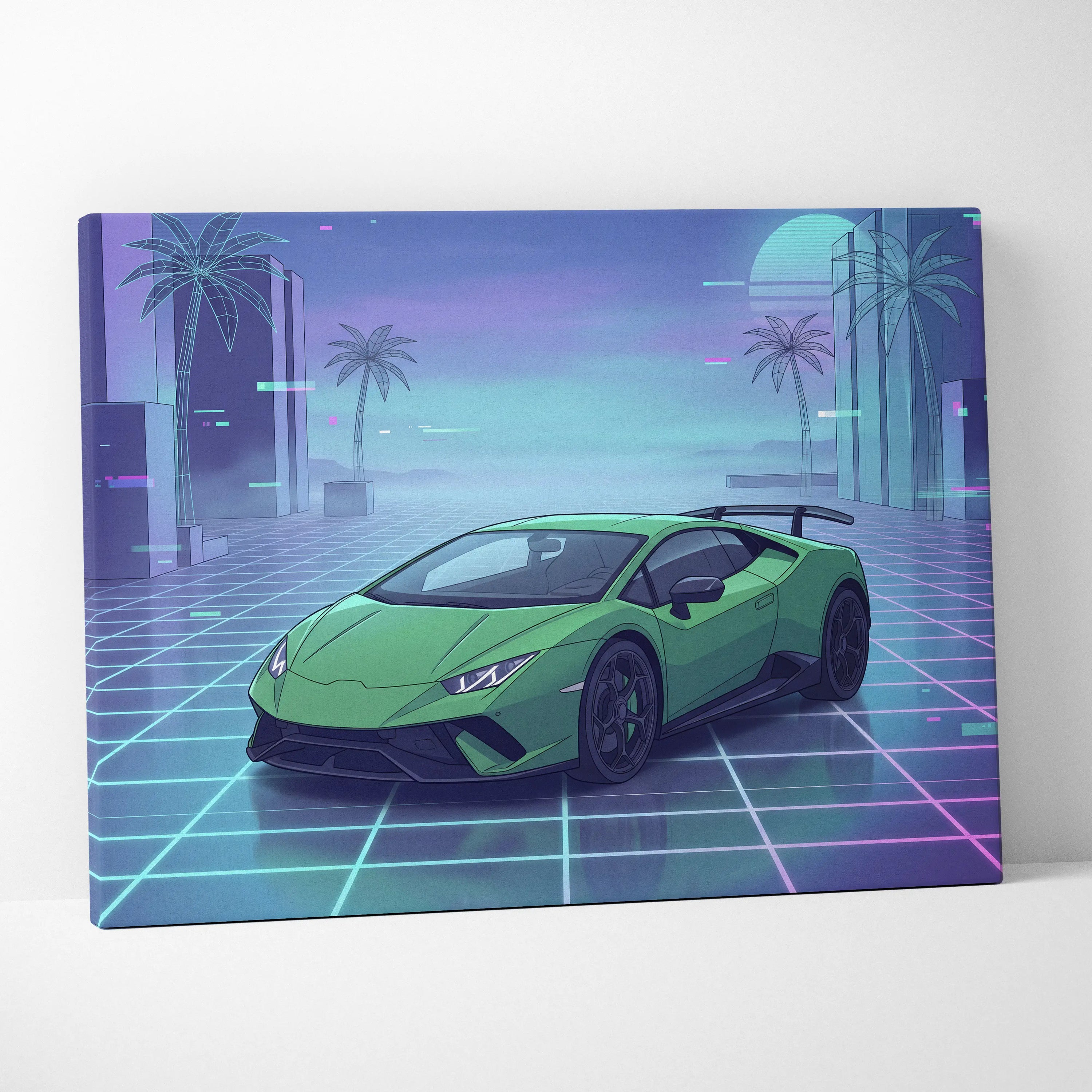 Lamborghini Huracan Inspired Green Purple Canvas Wall Art, Vaporwave Supercar Artwork, Neon Grid Garage Decor, Retro Futuristic Auto Print