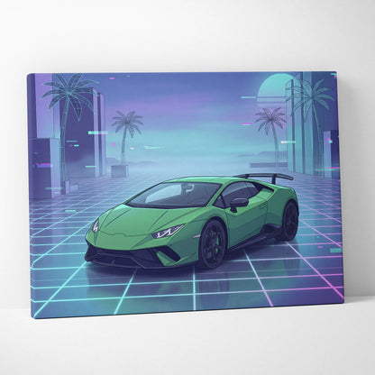 Lamborghini Huracan Inspired Green Purple Canvas Wall Art, Vaporwave Supercar Artwork, Neon Grid Garage Decor, Retro Futuristic Auto Print