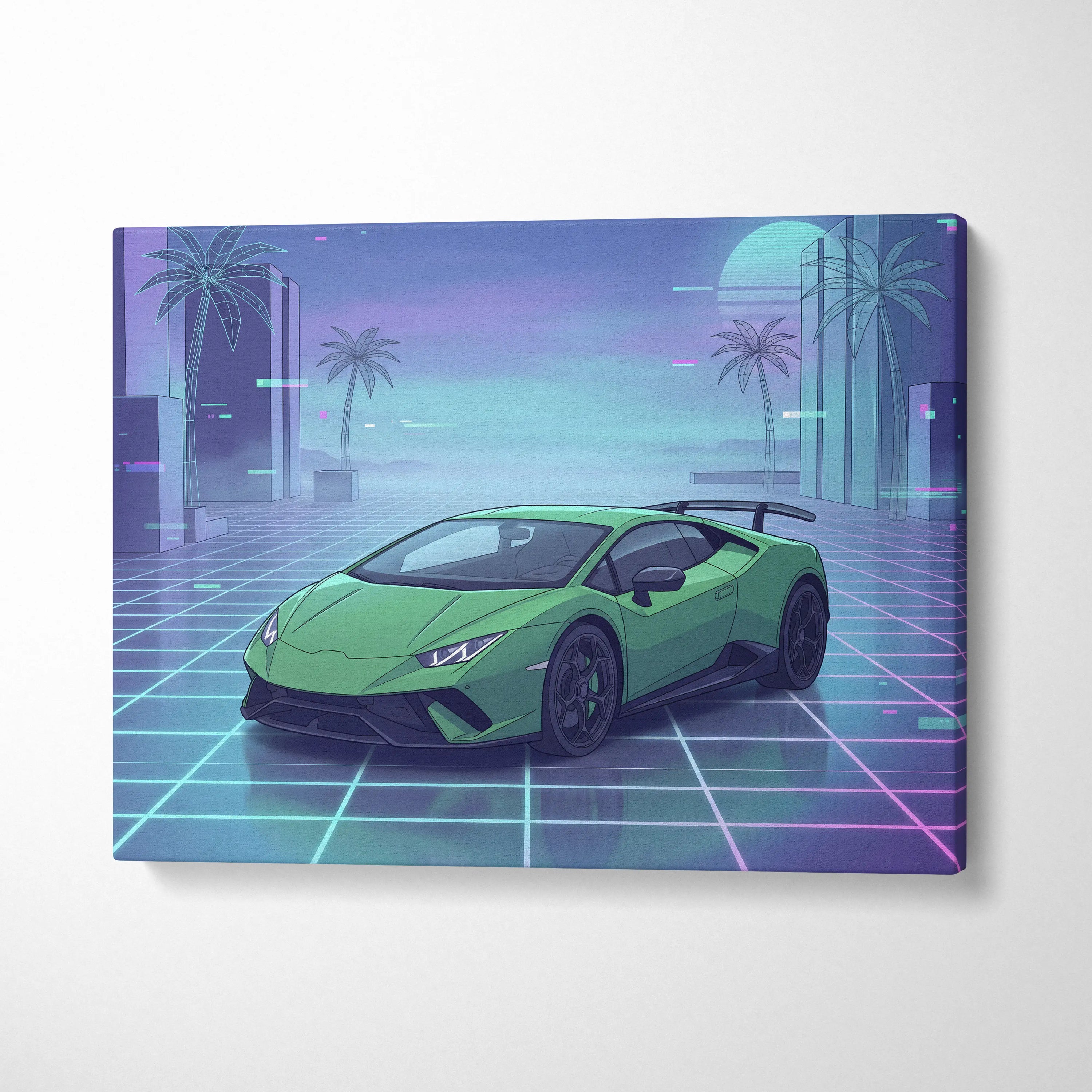 Lamborghini Huracan Inspired Green Purple Canvas Wall Art, Vaporwave Supercar Artwork, Neon Grid Garage Decor, Retro Futuristic Auto Print