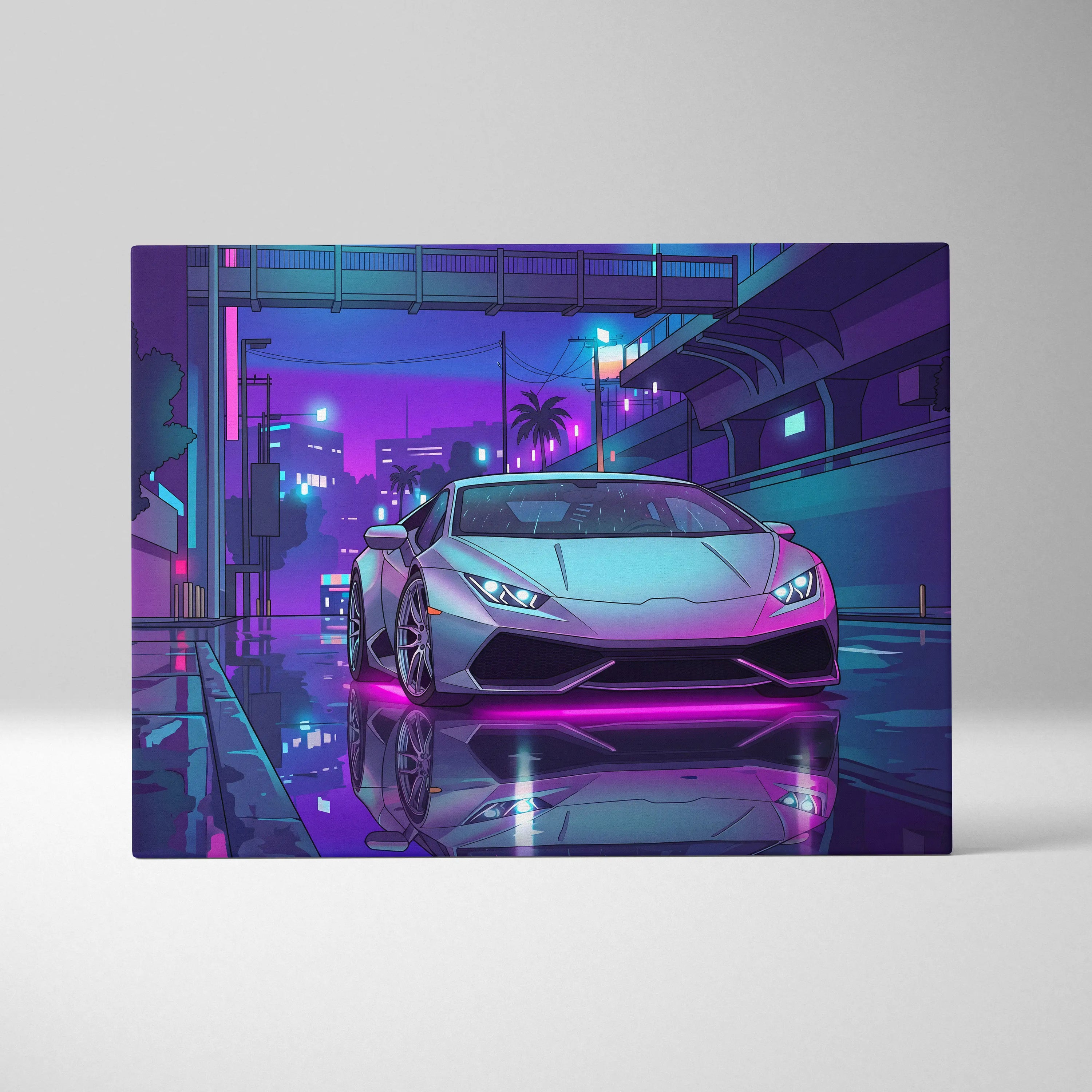 Lamborghini Huracan Inspired White Purple Canvas Wall Art, Vaporwave Tokyo City Artwork, Neon Rain Garage Decor, Retro Futuristic Supercar Print
