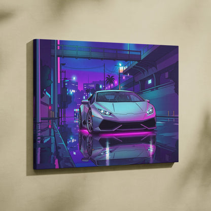 Lamborghini Huracan Inspired White Purple Canvas Wall Art, Vaporwave Tokyo City Artwork, Neon Rain Garage Decor, Retro Futuristic Supercar Print