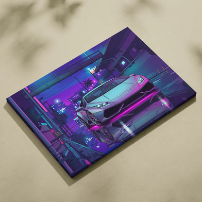 Lamborghini Huracan Inspired White Purple Canvas Wall Art, Vaporwave Tokyo City Artwork, Neon Rain Garage Decor, Retro Futuristic Supercar Print