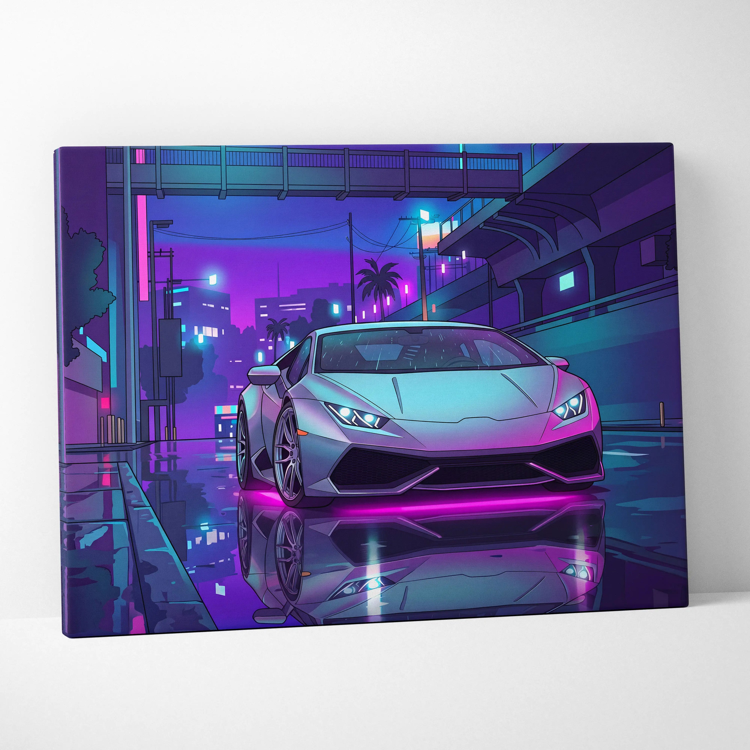 Lamborghini Huracan Inspired White Purple Canvas Wall Art, Vaporwave Tokyo City Artwork, Neon Rain Garage Decor, Retro Futuristic Supercar Print