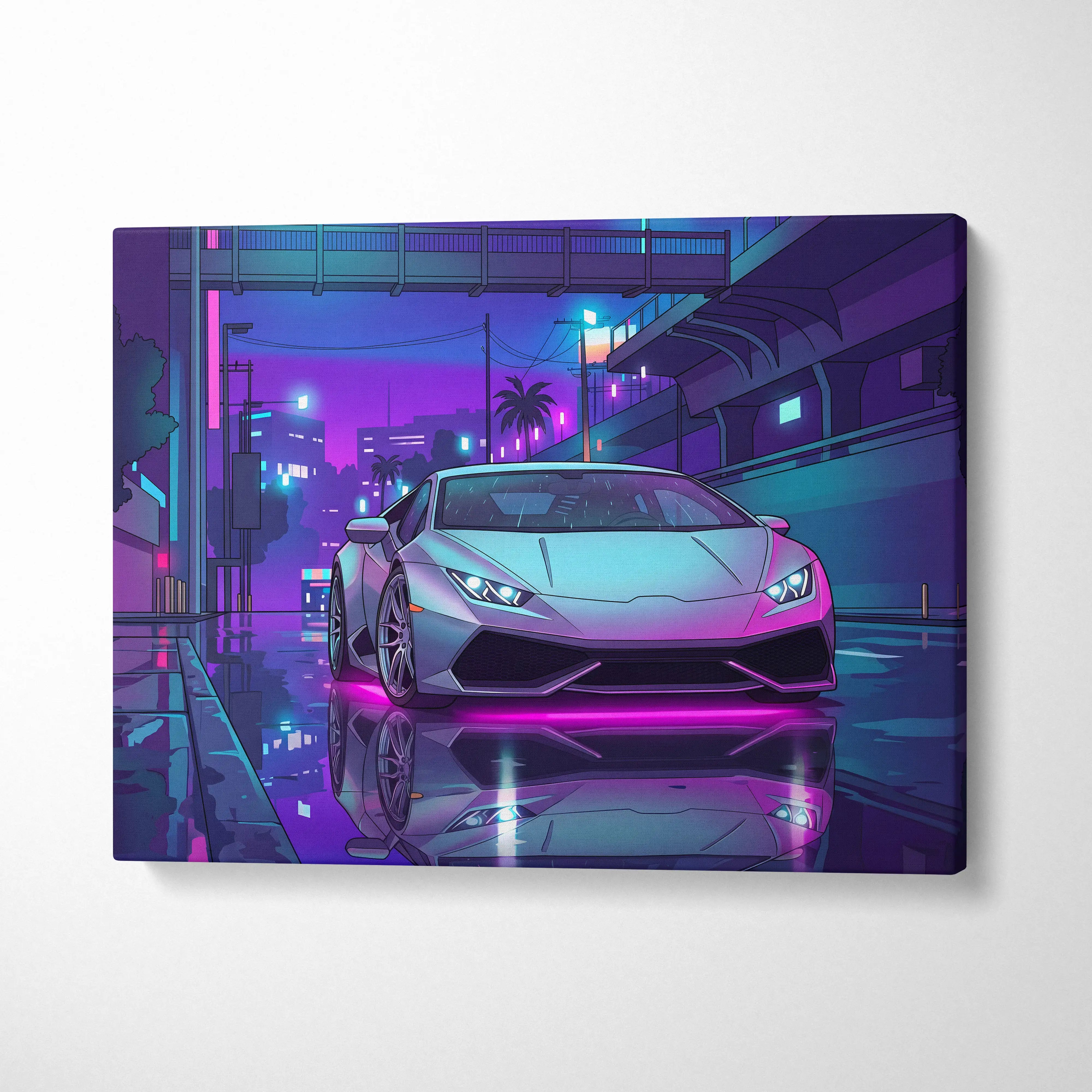 Lamborghini Huracan Inspired White Purple Canvas Wall Art, Vaporwave Tokyo City Artwork, Neon Rain Garage Decor, Retro Futuristic Supercar Print