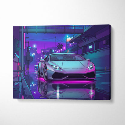 Lamborghini Huracan Inspired White Purple Canvas Wall Art, Vaporwave Tokyo City Artwork, Neon Rain Garage Decor, Retro Futuristic Supercar Print