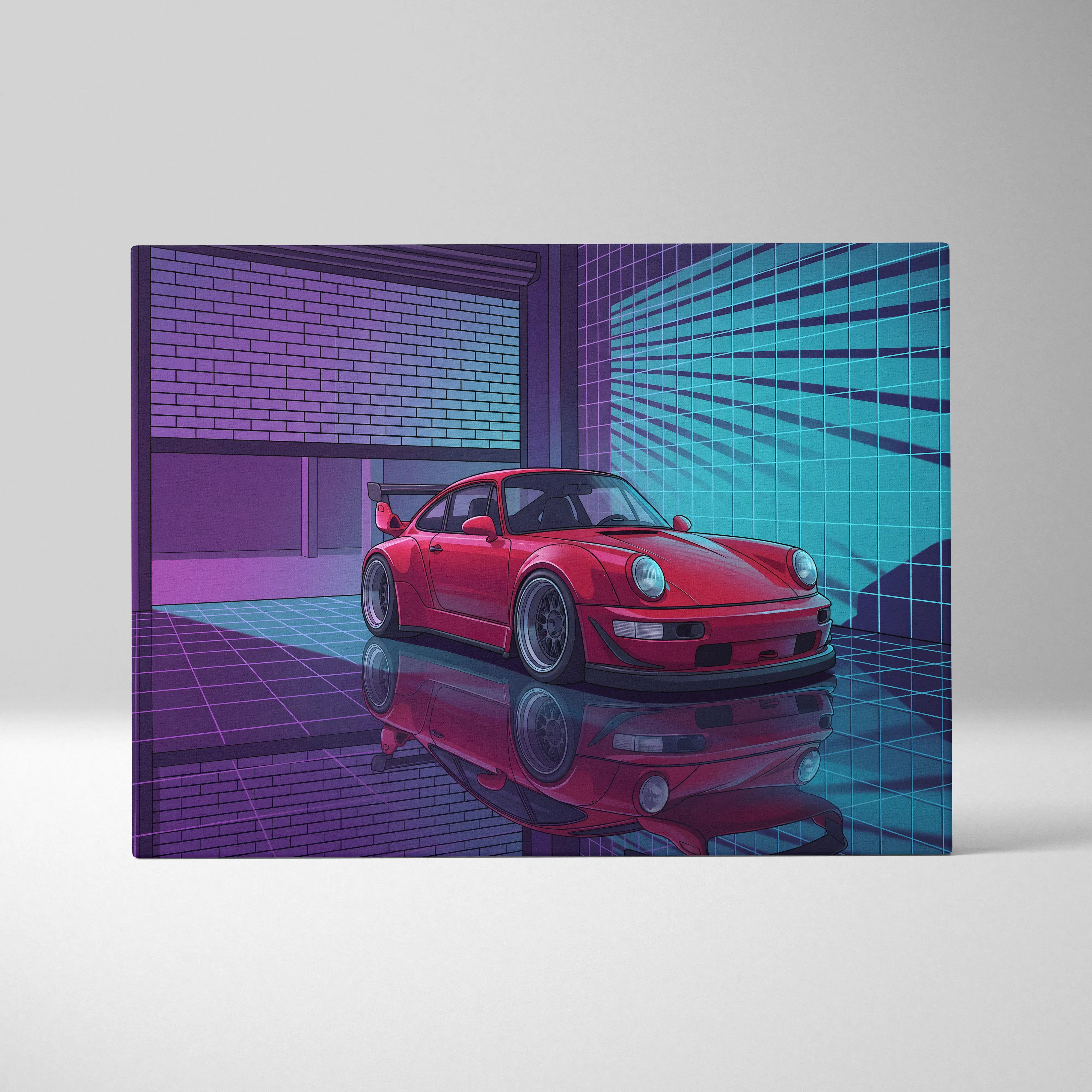 Porsche 911 Turbo Classic Inspired Red Purple Canvas Wall Art Vaporwave Neon Garage Sports Car Artwork, Retro Cyberpunk Reflection Decor