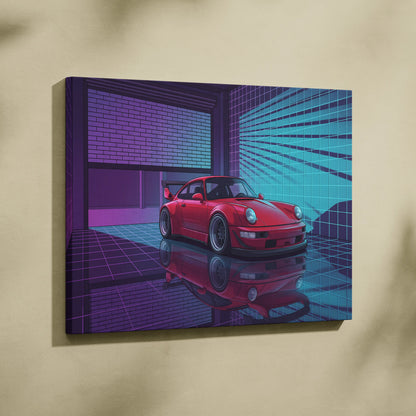 Porsche 911 Turbo Classic Inspired Red Purple Canvas Wall Art Vaporwave Neon Garage Sports Car Artwork, Retro Cyberpunk Reflection Decor