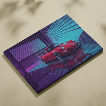 Porsche 911 Turbo Classic Inspired Red Purple Canvas Wall Art Vaporwave Neon Garage Sports Car Artwork, Retro Cyberpunk Reflection Decor