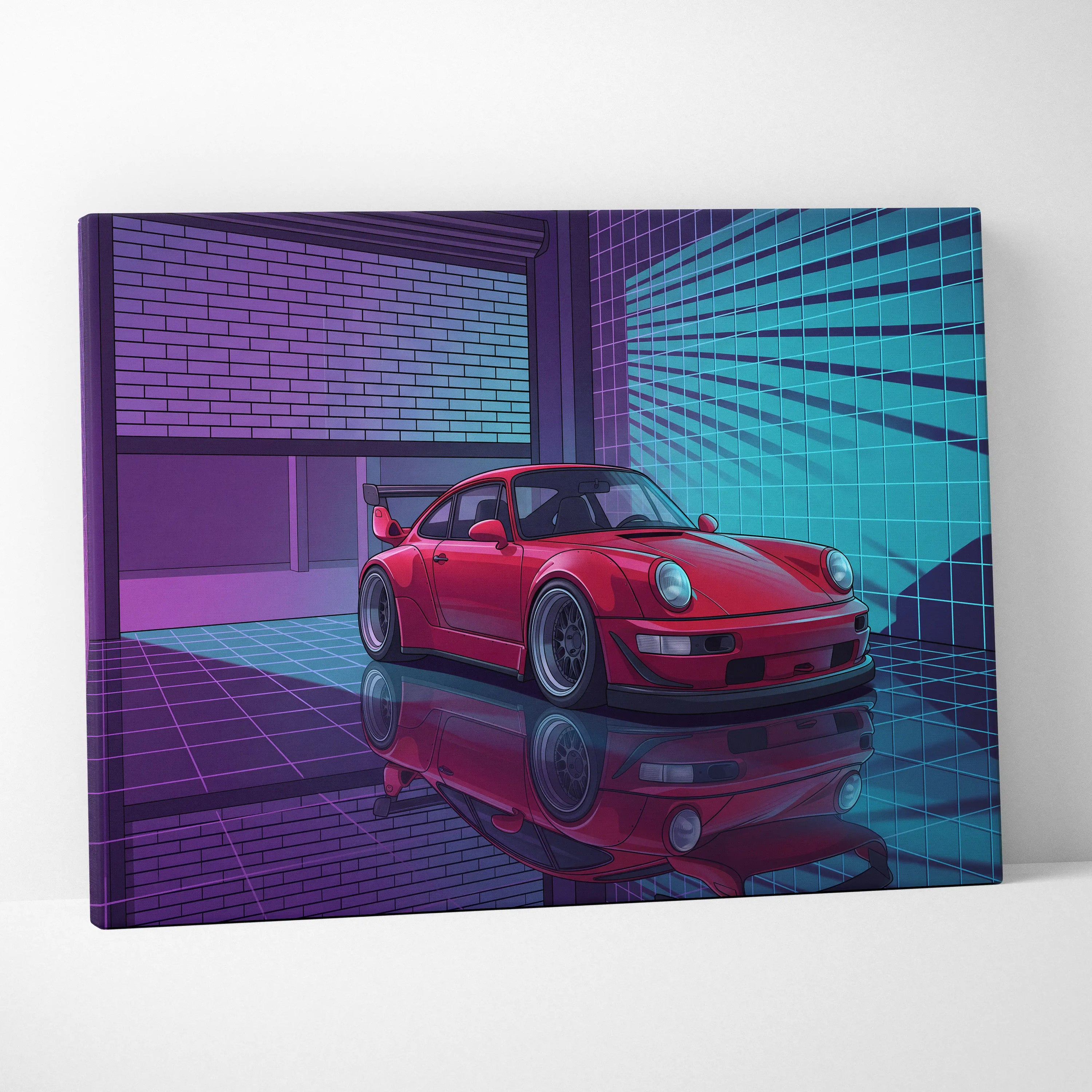Porsche 911 Turbo Classic Inspired Red Purple Canvas Wall Art Vaporwave Neon Garage Sports Car Artwork, Retro Cyberpunk Reflection Decor