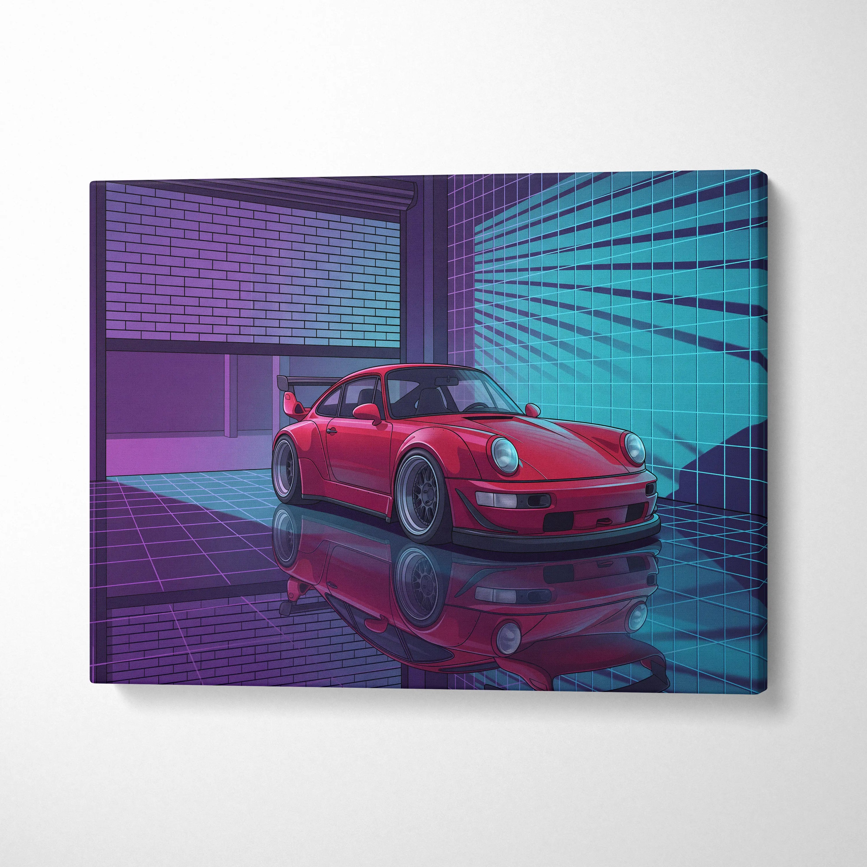 Porsche 911 Turbo Classic Inspired Red Purple Canvas Wall Art Vaporwave Neon Garage Sports Car Artwork, Retro Cyberpunk Reflection Decor