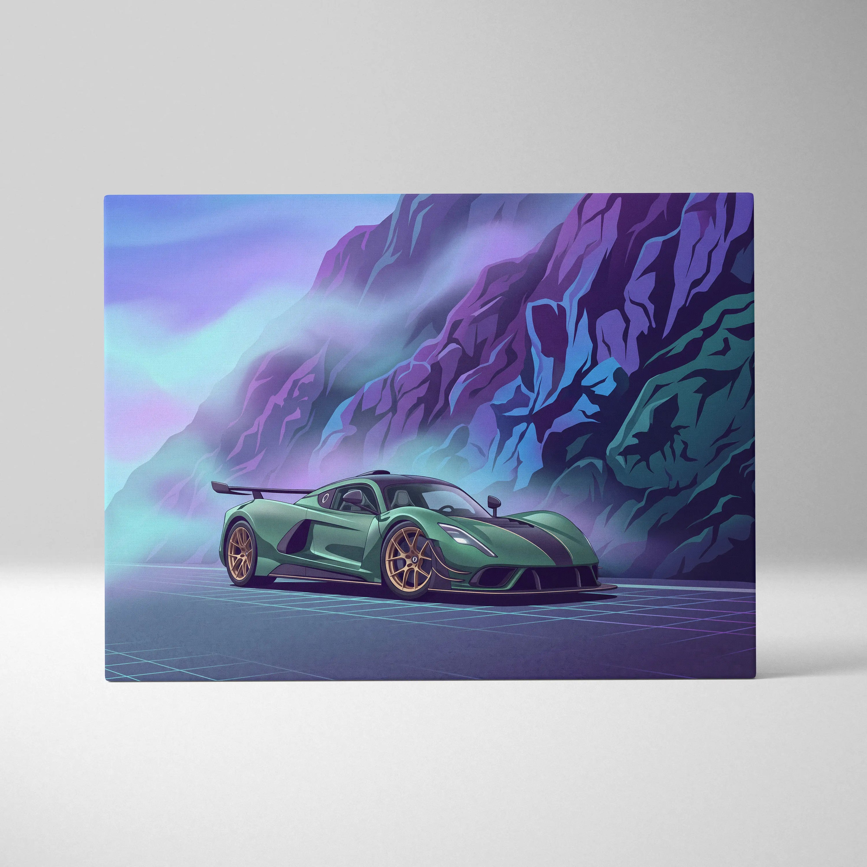 Venom F5 Inspired Green Purple Canvas Wall Art, Vaporwave Hypercar Artwork, Neon Mountain Garage Decor, Retro Futuristic Exotic Print