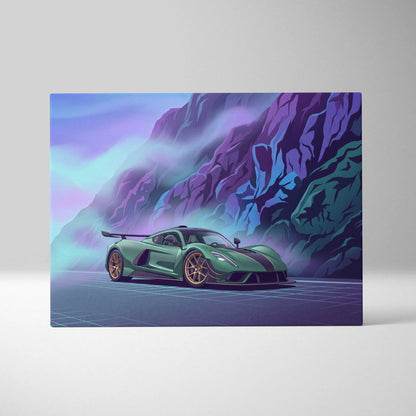 Venom F5 Inspired Green Purple Canvas Wall Art, Vaporwave Hypercar Artwork, Neon Mountain Garage Decor, Retro Futuristic Exotic Print