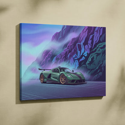 Venom F5 Inspired Green Purple Canvas Wall Art, Vaporwave Hypercar Artwork, Neon Mountain Garage Decor, Retro Futuristic Exotic Print