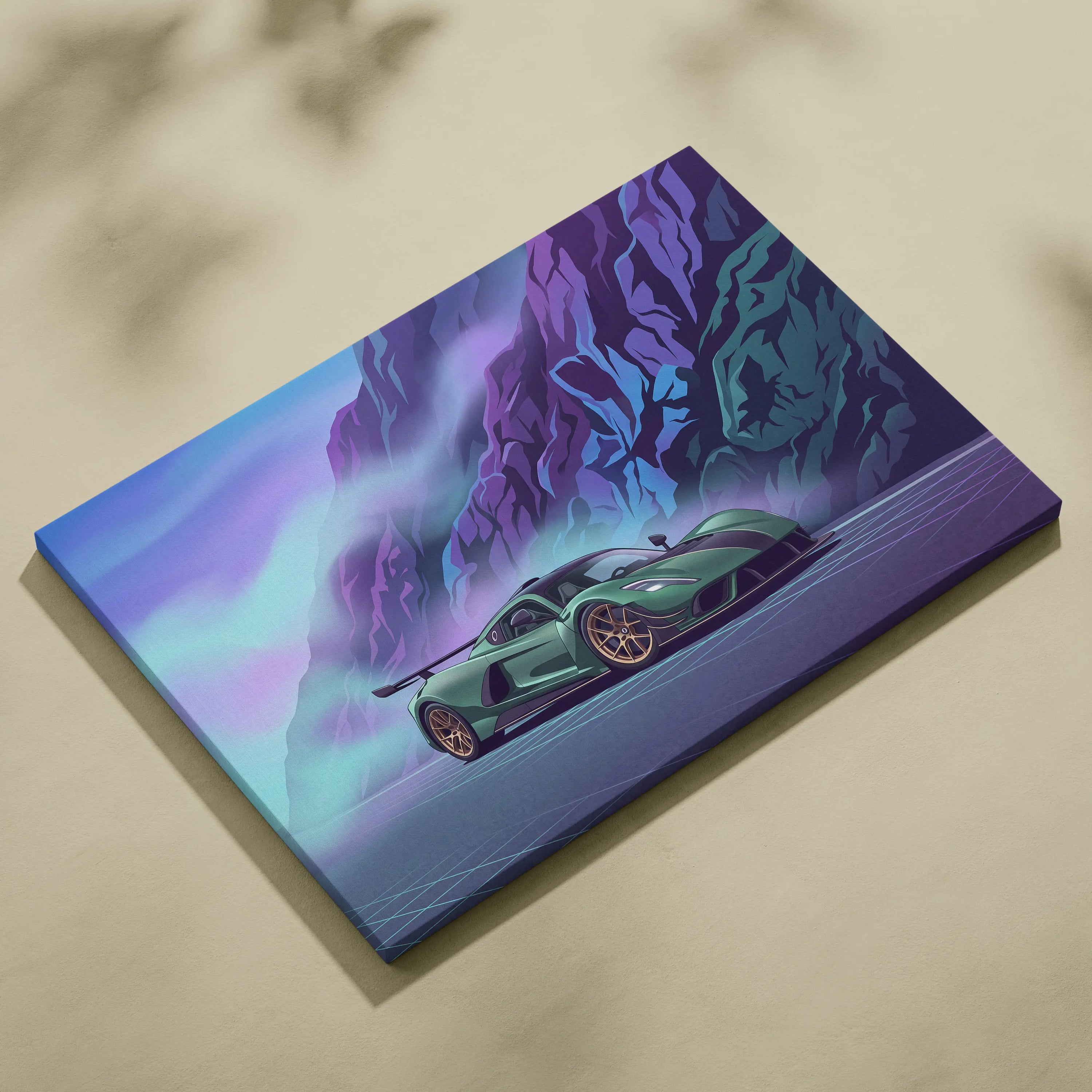 Venom F5 Inspired Green Purple Canvas Wall Art, Vaporwave Hypercar Artwork, Neon Mountain Garage Decor, Retro Futuristic Exotic Print