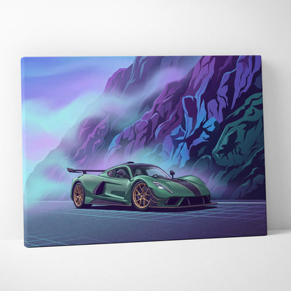 Venom F5 Inspired Green Purple Canvas Wall Art, Vaporwave Hypercar Artwork, Neon Mountain Garage Decor, Retro Futuristic Exotic Print